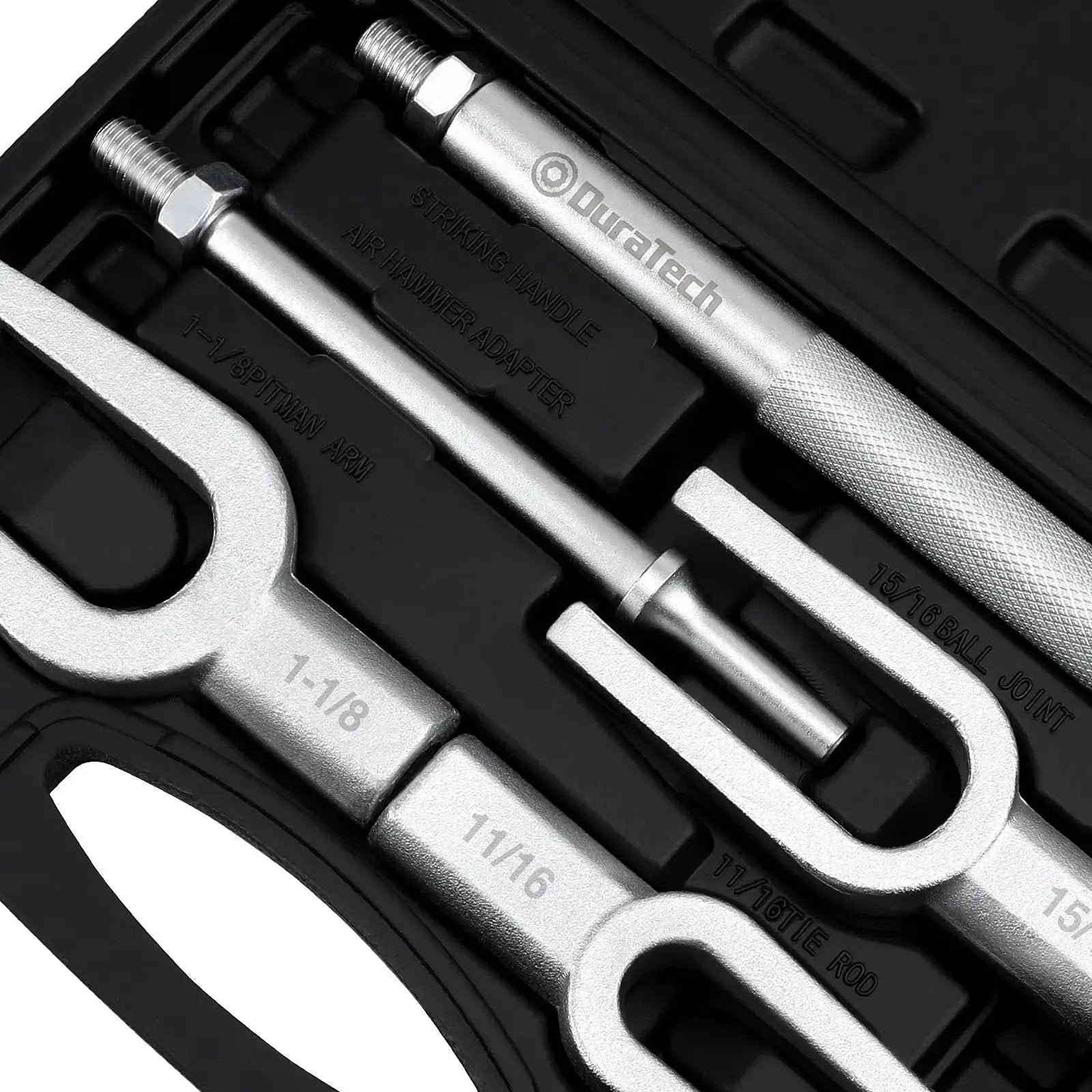 5-Piece Ball Joint Separator Set With Pickle Forks For Cars And Light Trucks in black case, close-up of steel forks and handles