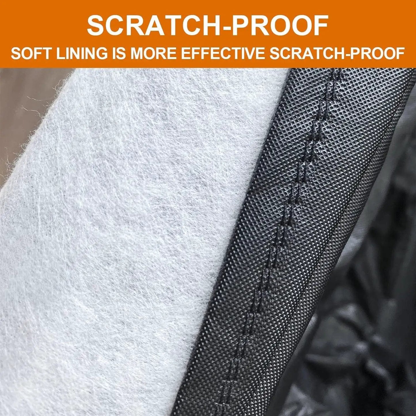 Close-up of soft lining of All Weather Heavy Duty SUV Car Cover With Zipper For Outdoor Snow Sun UV Waterproof exterior protection.