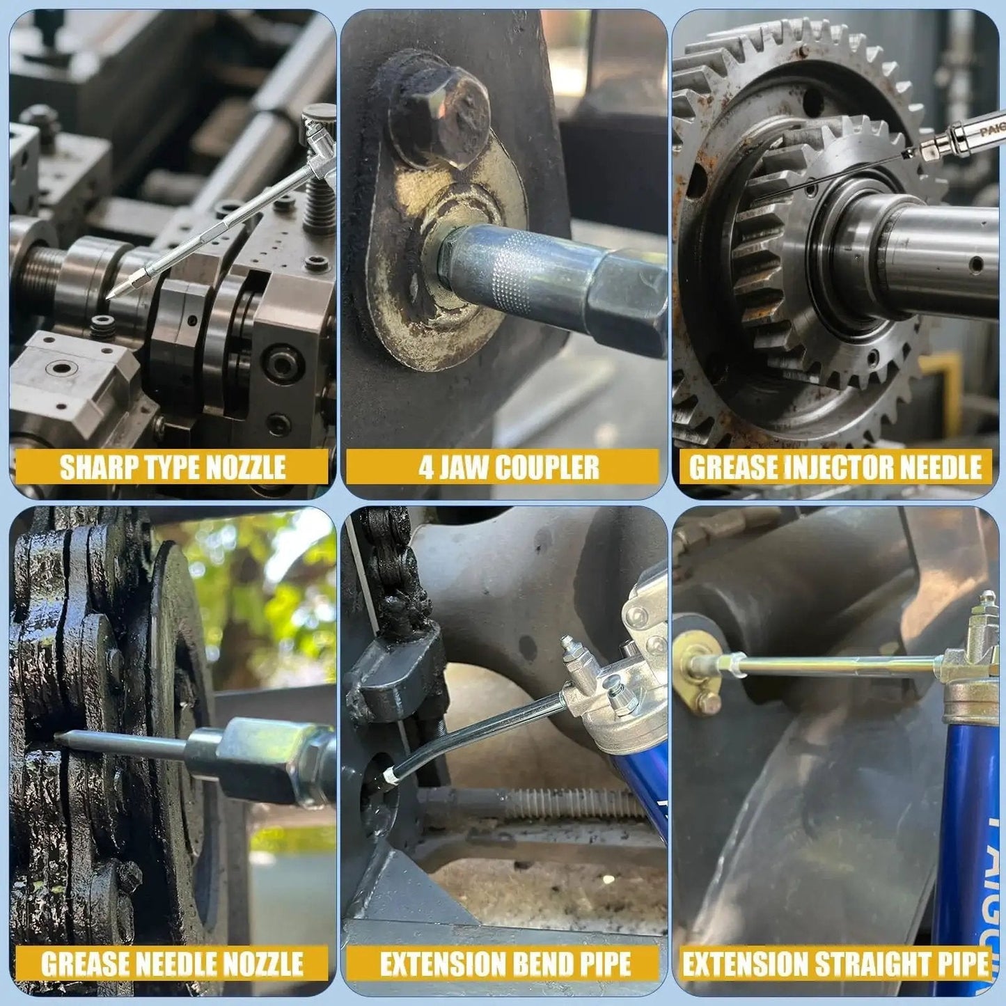 Close-up of All In One Built Tough Heavy Duty 8000 PSI Pistol Grip Grease Gun Kit tools in use, including nozzles and adapters.