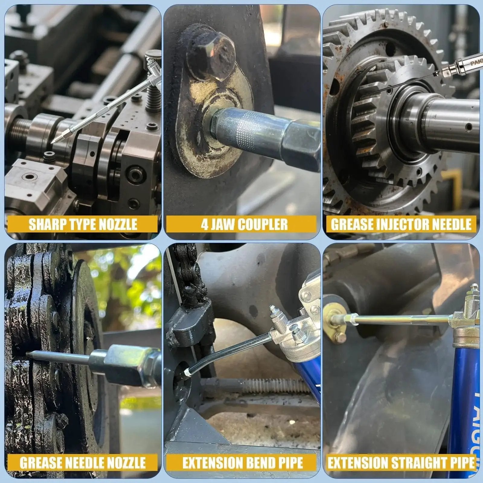 Close-up of All In One Built Tough Heavy Duty 8000 PSI Pistol Grip Grease Gun Kit tools in use, including nozzles and adapters.