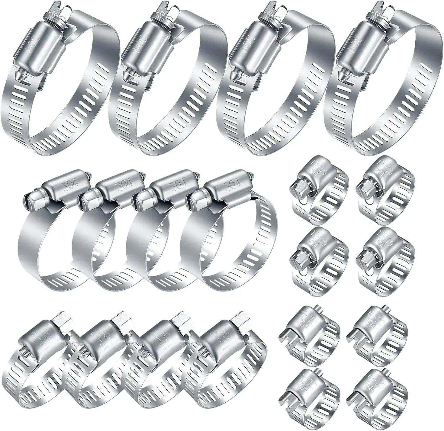 20Pcs Adjustable Stainless Steel Hose Clamps Assortment Kit For One Quarter Inch To Two Inch Clamps 6 To 51 Mm Worm Gear Pipe Clips