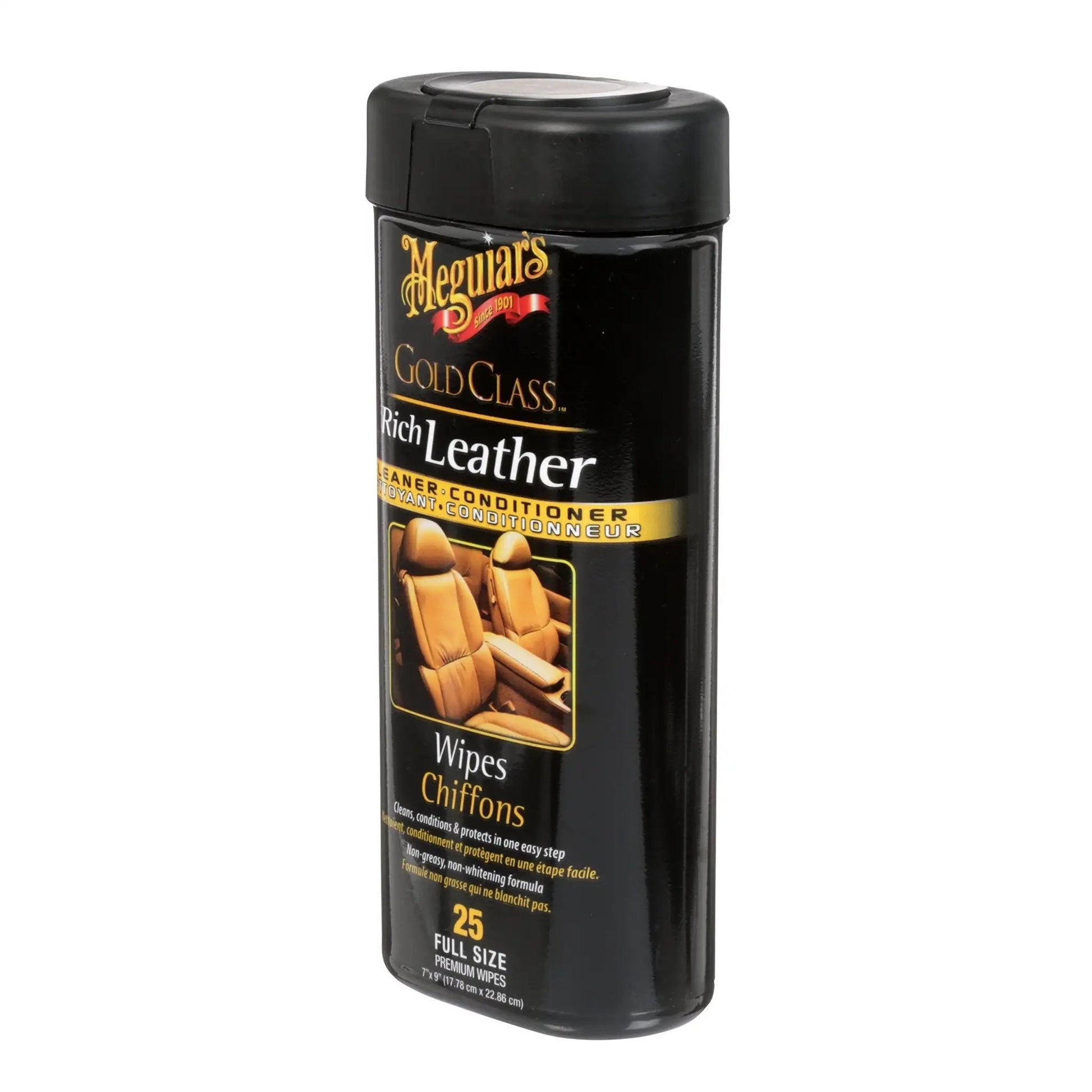 Gold Class Rich Leather Wipes For Car Care With Conditioning And UV Protection, Moisturizers Help Prevent Drying Out And Cracking, 30 Count By Meguiar's in a cylindrical container showing pre-moistened wipes.