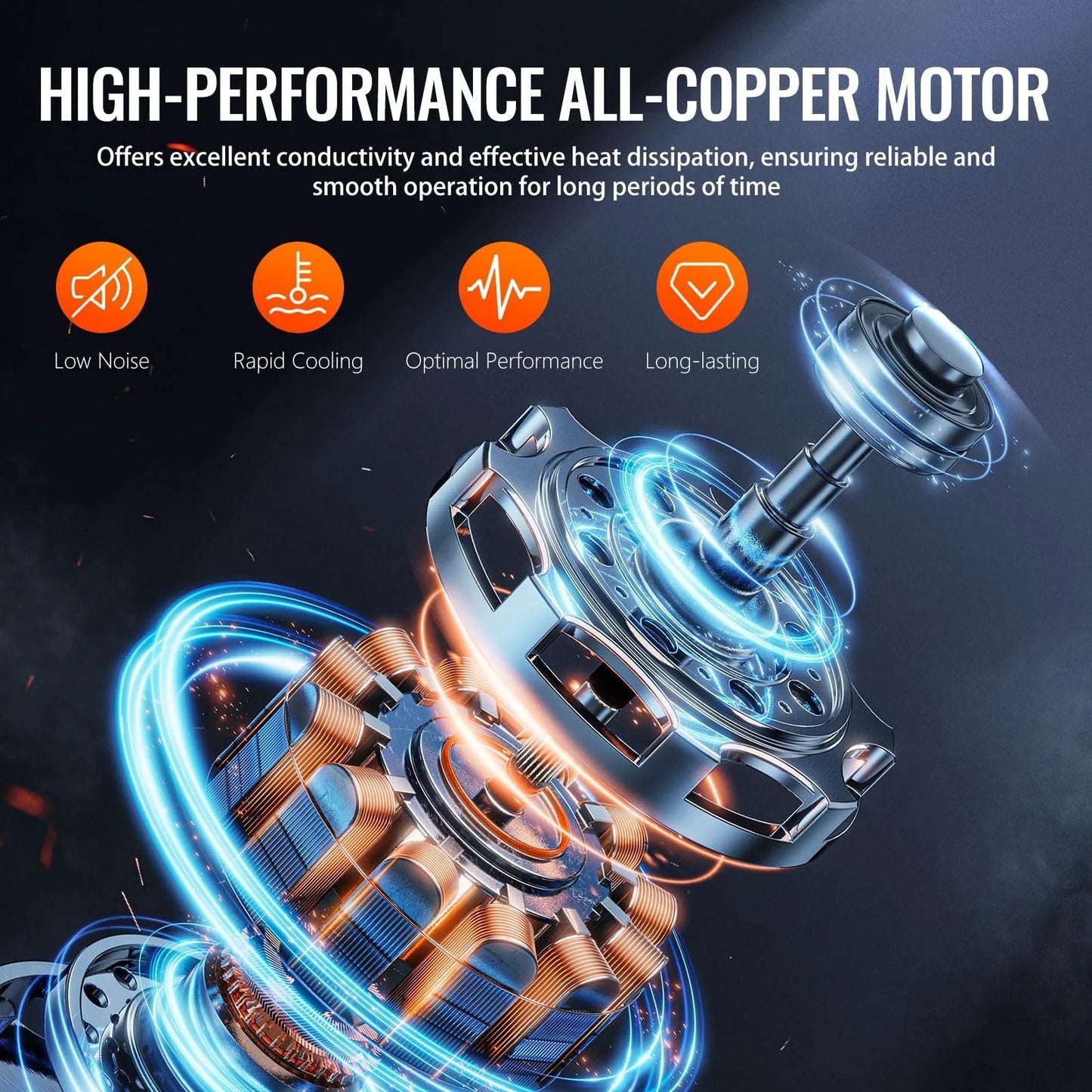 High-performance all-copper motor for HVAC Vacuum Pump And Gauge Kit With Leak Detector For Mini Split And Auto Systems, Pro Grade 4.5 CFM 1/3 HP, showing features like low noise, rapid cooling, and optimal performance.