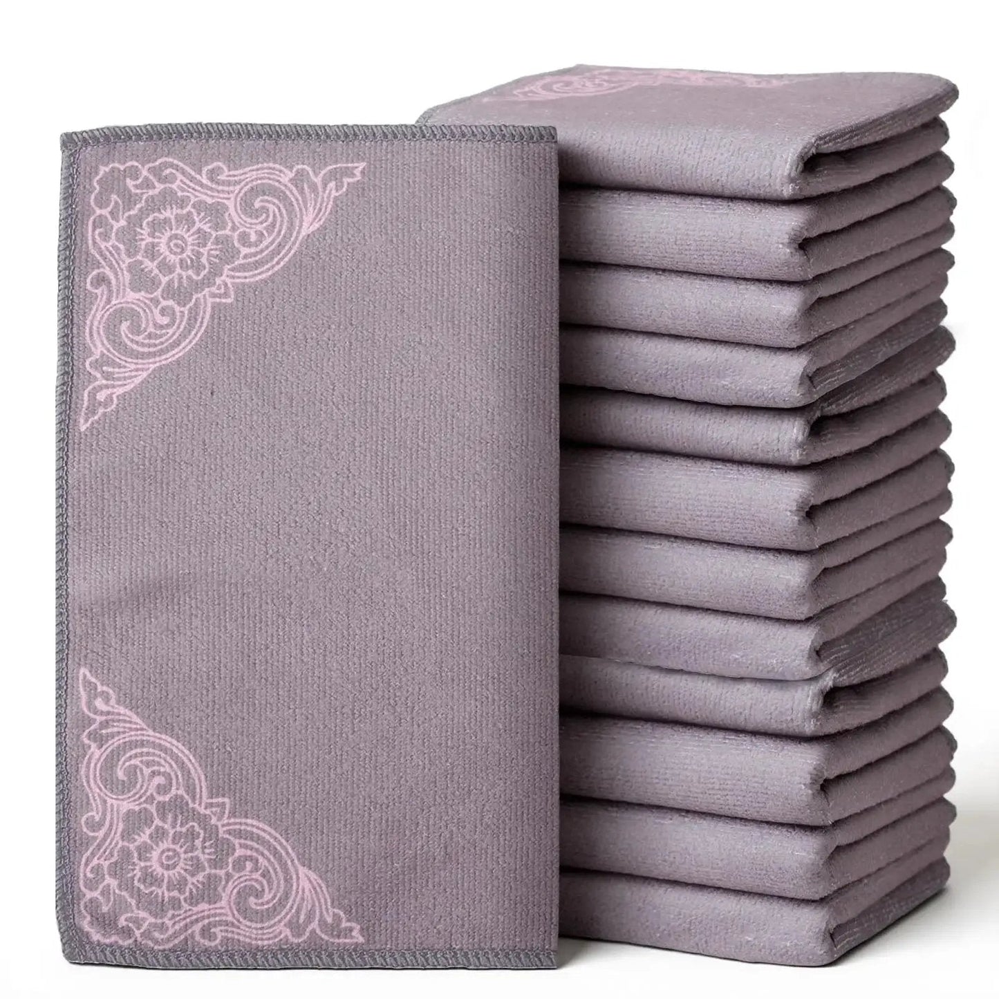 12 Pack Microfiber Cleaning Cloths For Cars And Home Ultra Absorbent Towels in lavender stacked with decorative corners