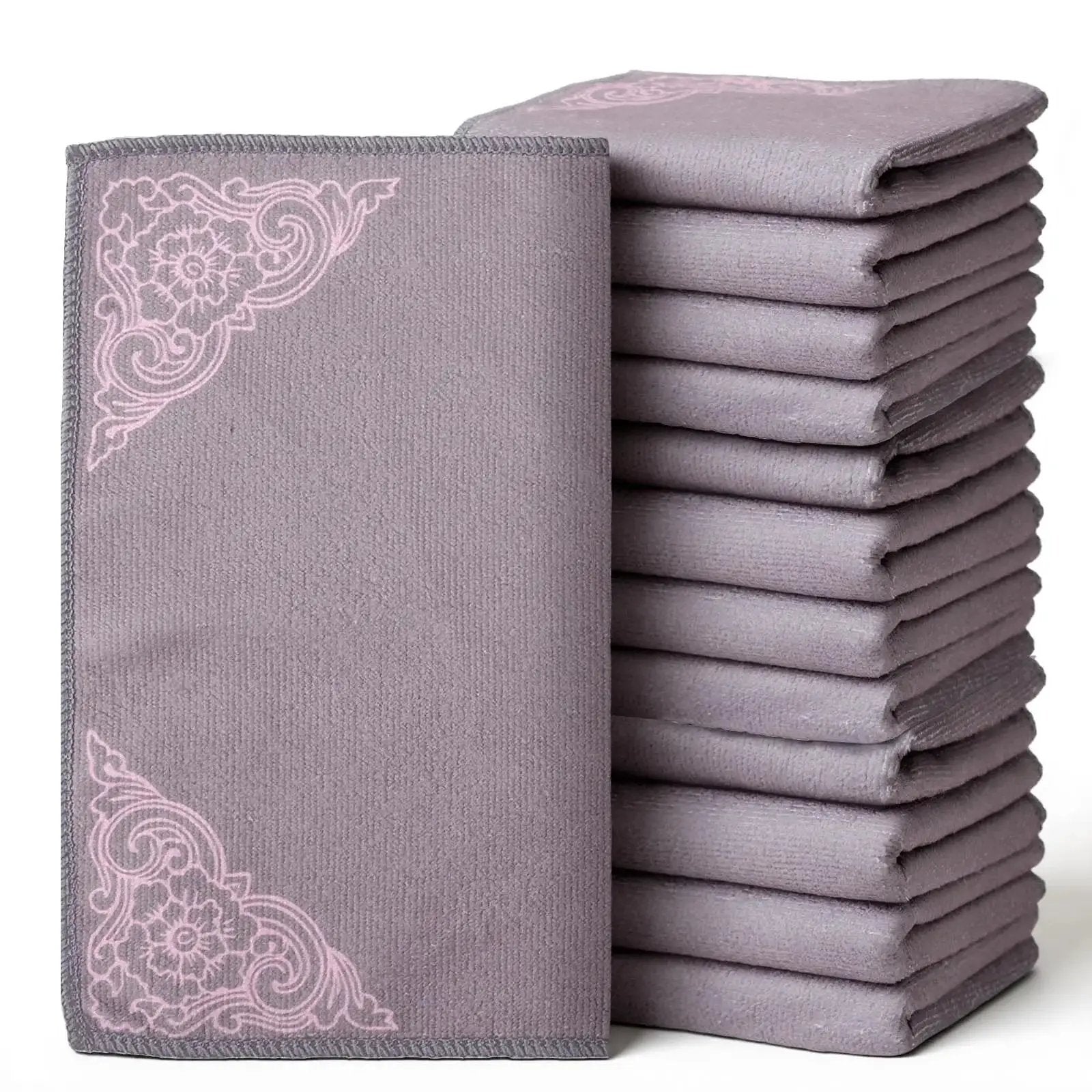 12 Pack Microfiber Cleaning Cloths For Cars And Home Ultra Absorbent Towels in lavender stacked with decorative corners