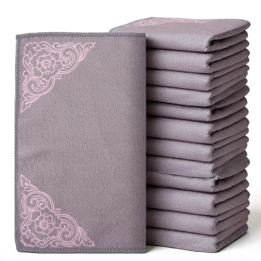 12 Pack Microfiber Cleaning Cloths For Cars And Home Ultra Absorbent Towels in lavender stacked with decorative corners