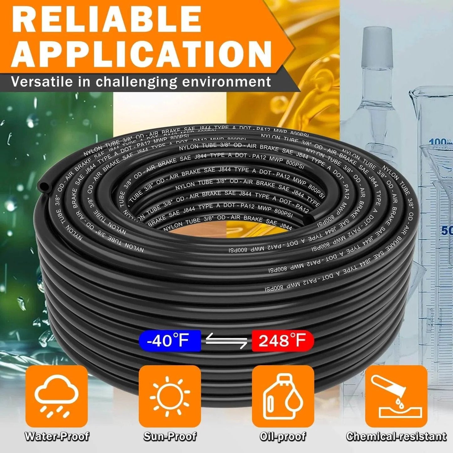 Coiled Nylon DOT Air Line Three Eighths Inch Outer Diameter Pneumatic Tubing 100 Feet 30.5 Meter SAE J844 Compliant