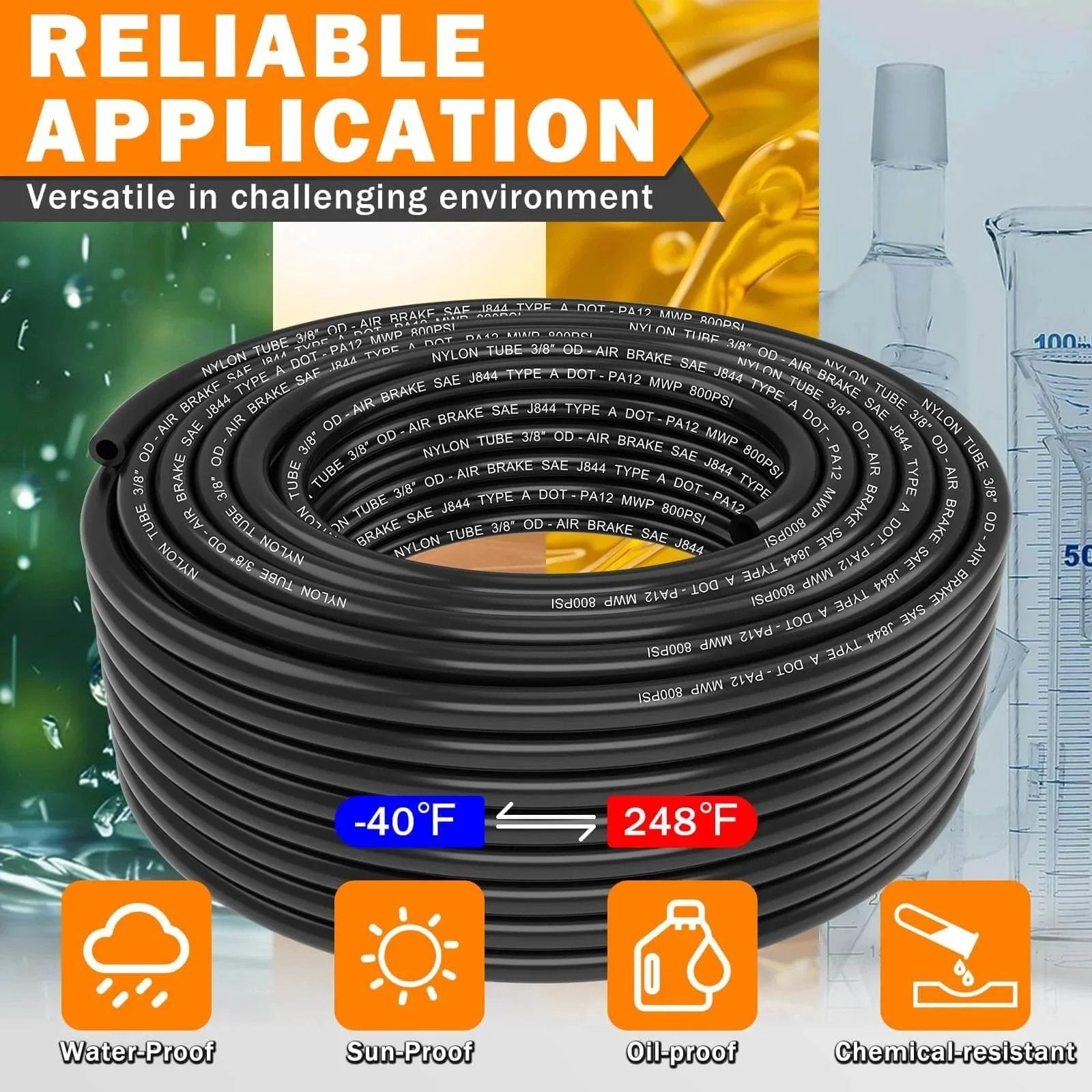 Coiled Nylon DOT Air Line Three Eighths Inch Outer Diameter Pneumatic Tubing 100 Feet 30.5 Meter SAE J844 Compliant
