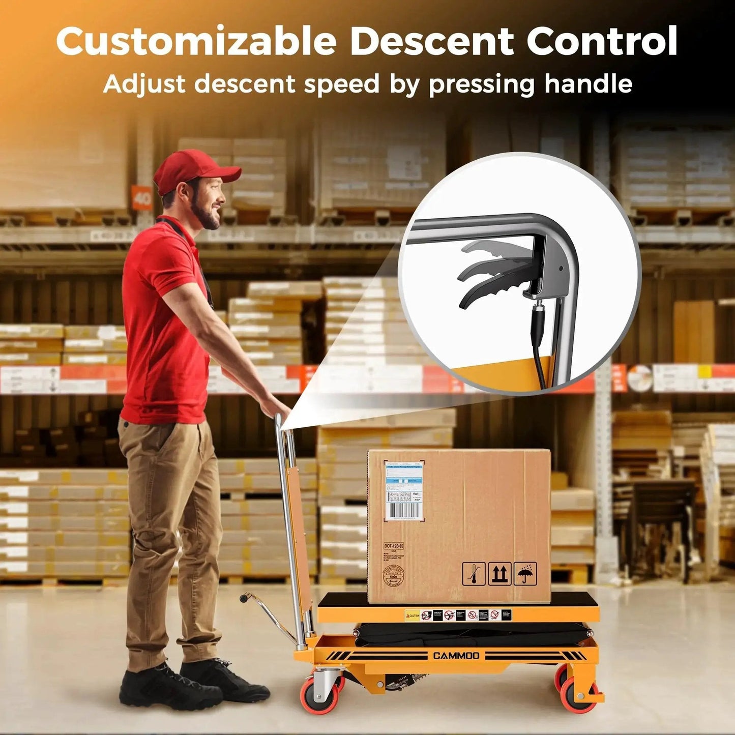 Person using a Hydraulic Lift Table Cart 330 Lb Capacity 49.6In Lift Height Non Slip Pad with a cardboard box in a warehouse.