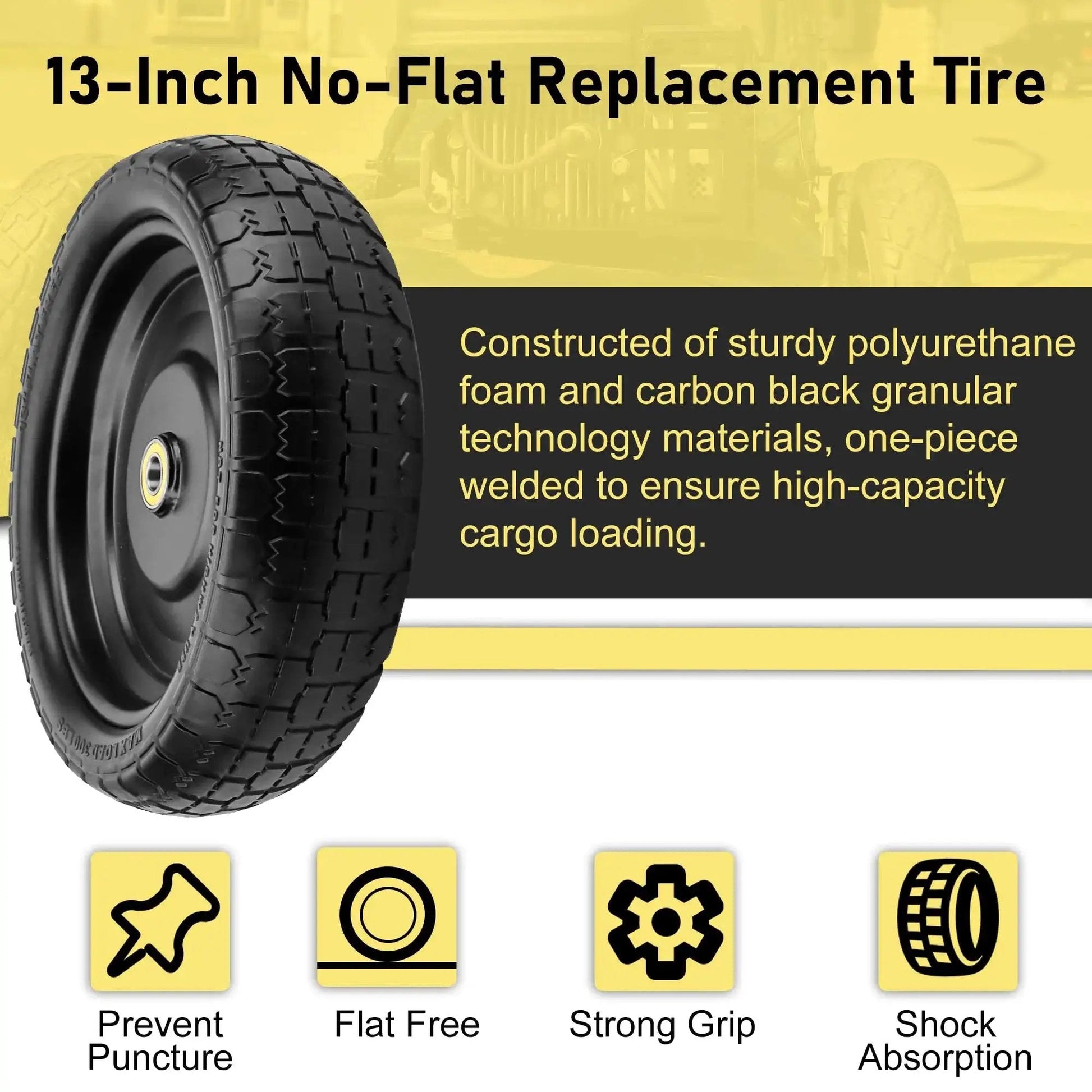 13 Inch Flat Free Wheel Set With 5/8 Inch Bearings And 2.17 Inch Offset Hub For Garden Carts Hand Trucks And Yard Trailers 4.00-6 Solid Tires Replacement For 13 Inch Carts And Similar Vehicles 2 Pack