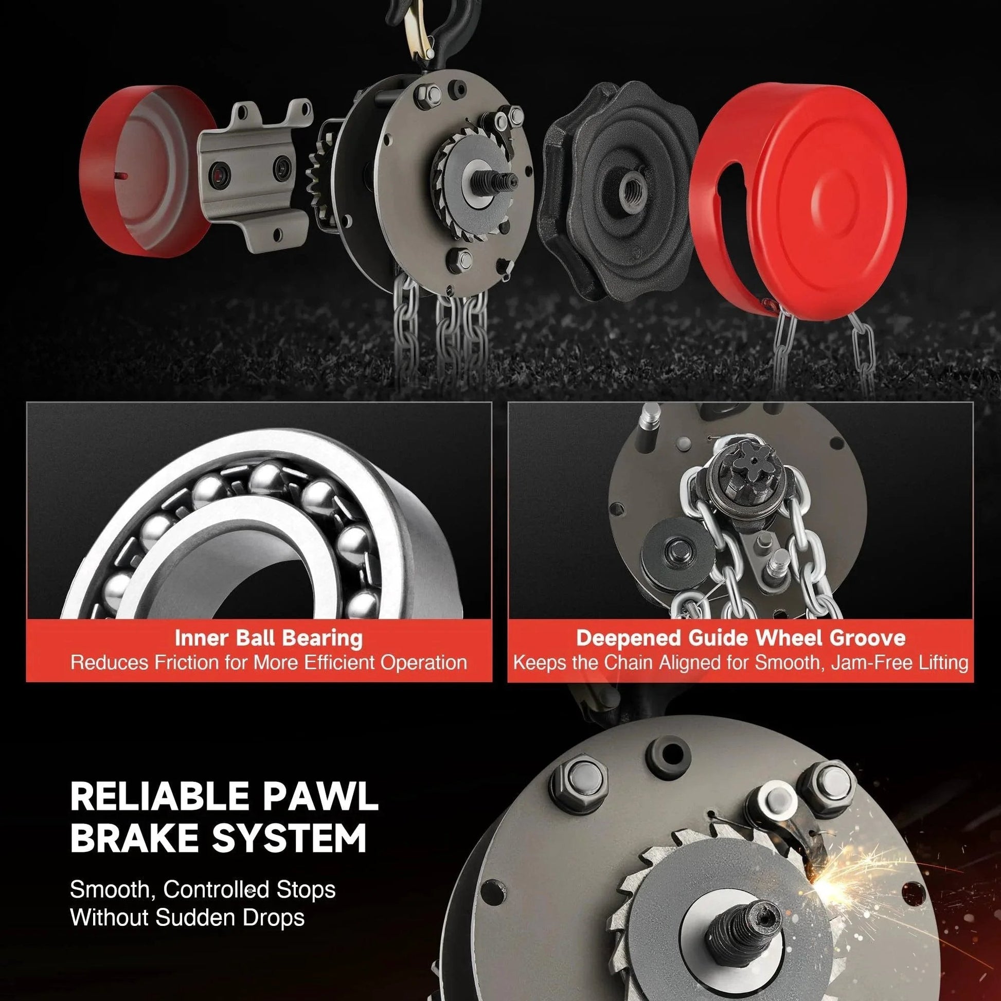 Inner workings of Heavy Duty Manual Lever Hoist With One Ton Capacity And Eight Foot Lift, showcasing ball bearings and pawl brake system.