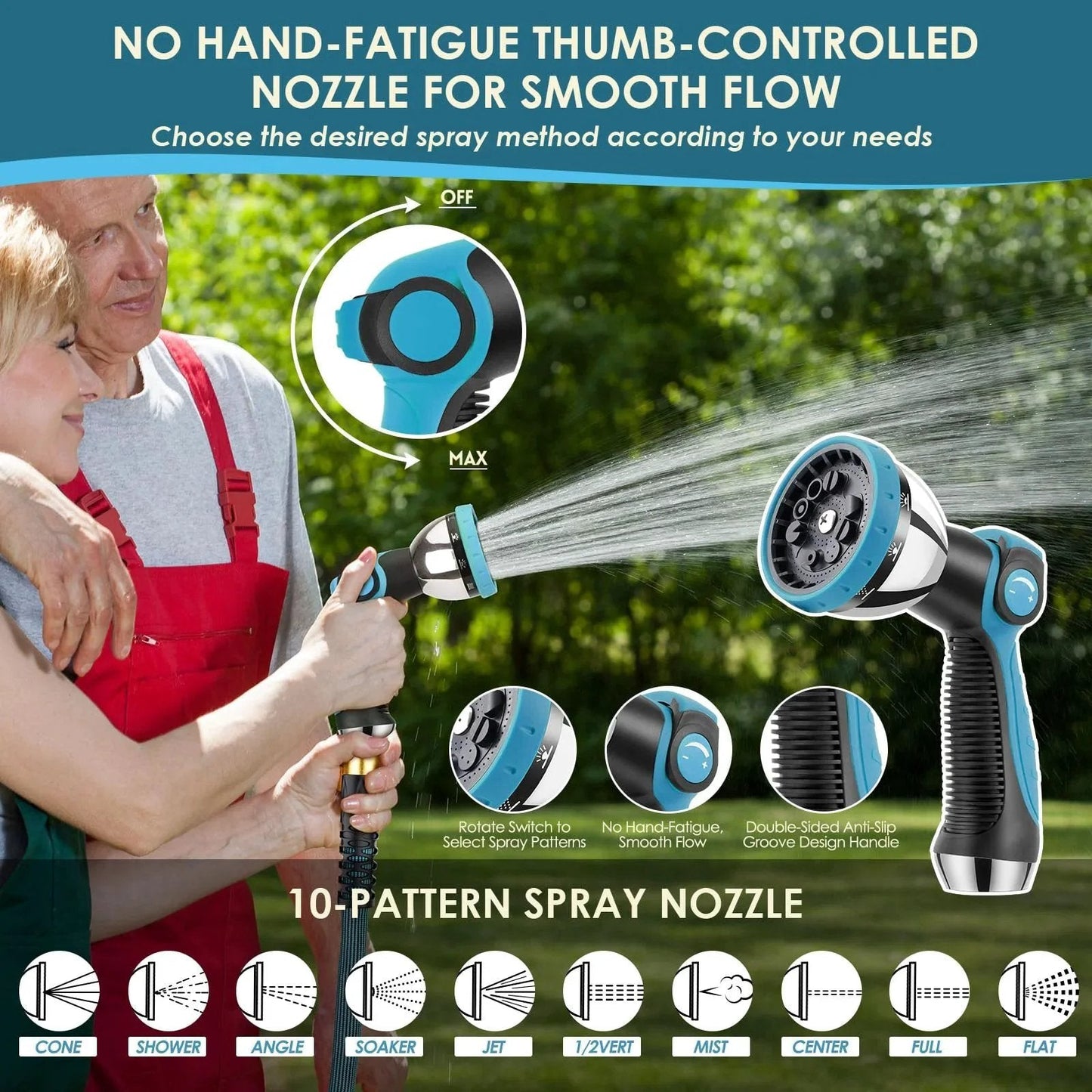 Ultra Lightweight Non Expandable Garden Hose 150 Ft With Ten Pattern Nozzle And Shut Off Valve in use, showing spray modes.
