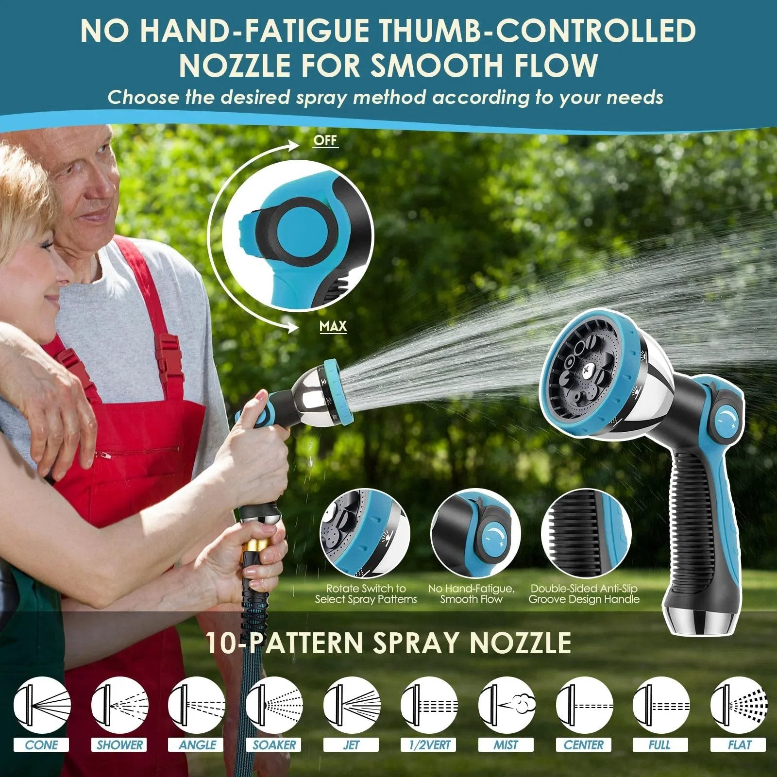 Ultra Lightweight Non Expandable Garden Hose 150 Ft With Ten Pattern Nozzle And Shut Off Valve in use, showing spray modes.