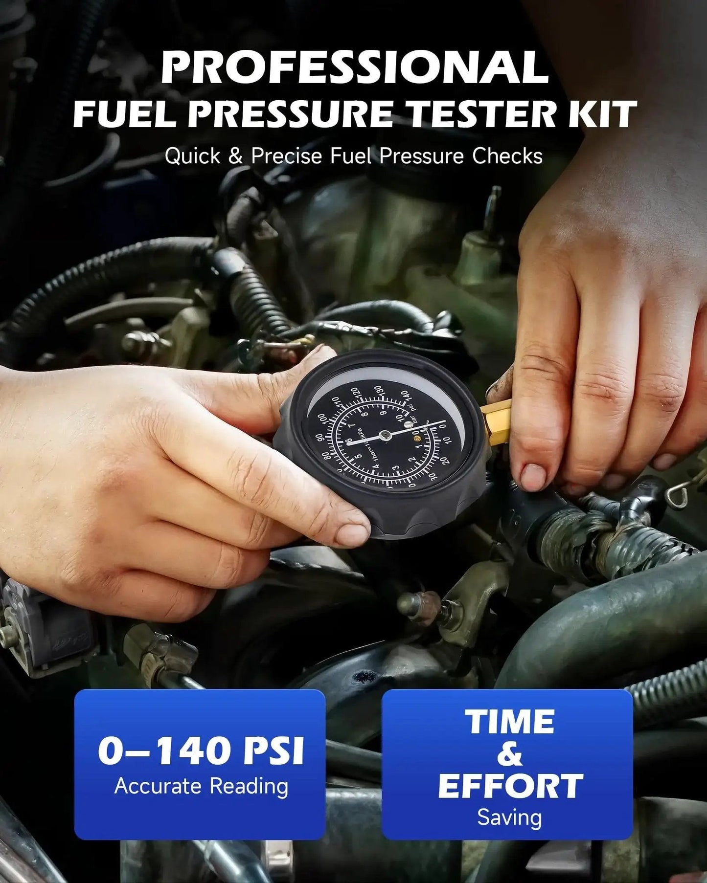 Hands using Fuel Pressure Test Kit 0 To 140 PSI With Hoses And Adapters For Cars Trucks in engine bay