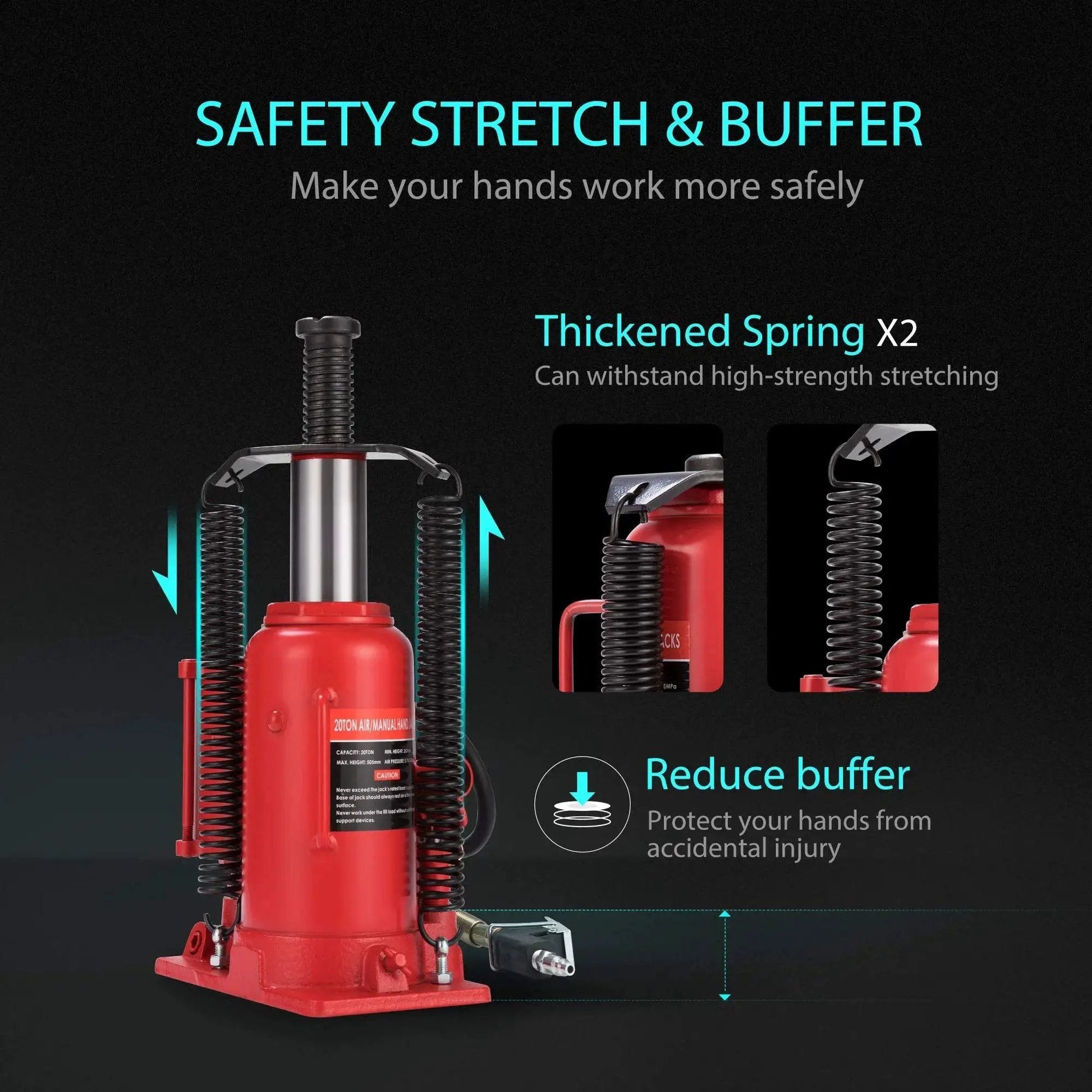 20 Ton Pneumatic Bottle Jack With Manual Pump For Auto Truck And Trailer, front view showing thickened springs