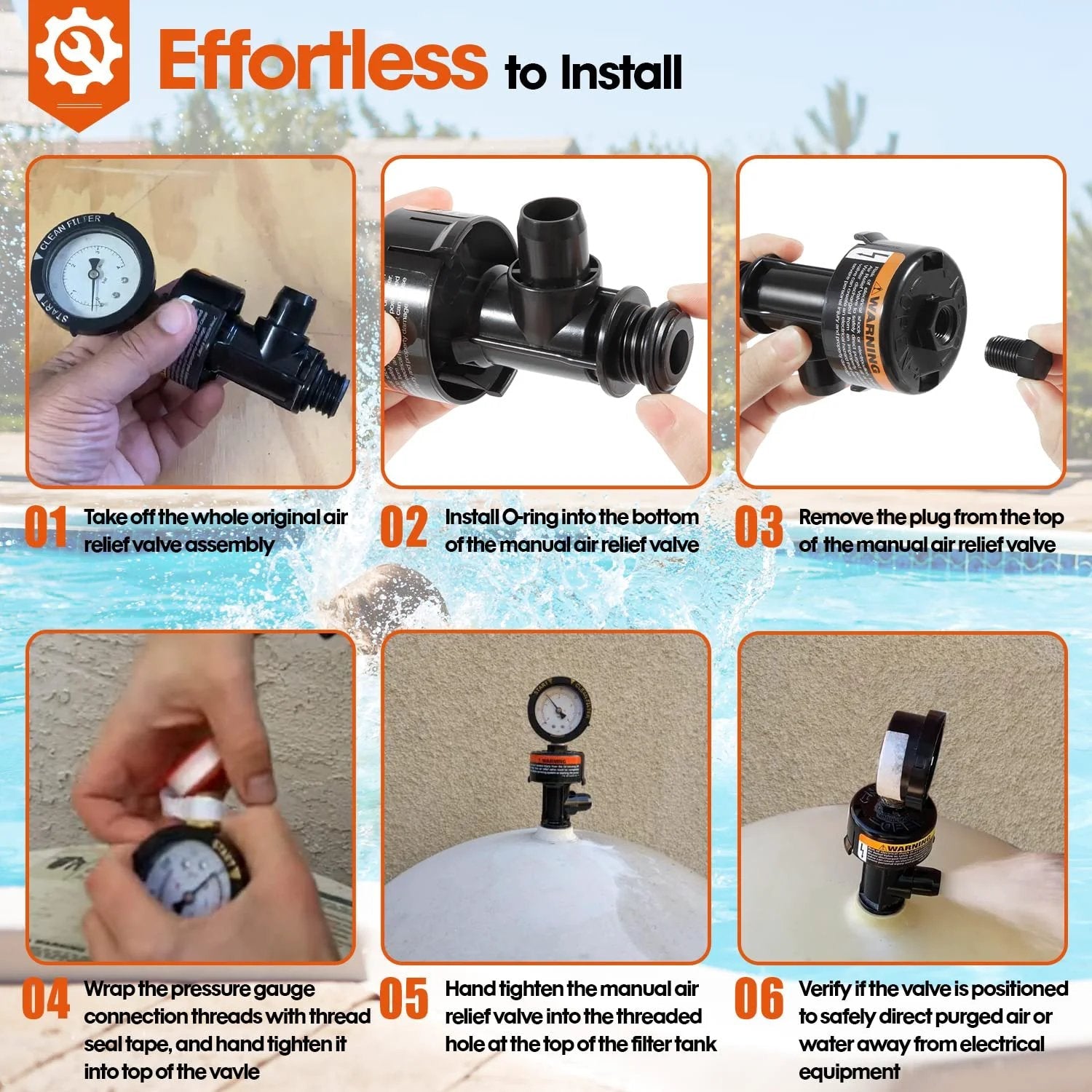 High Flow Manual Relief Valve With Air Relief And Pressure Gauge For Pool And Spa Filters Replacement For Warrior EasyClean Aboveground Clean And Clear FNS Series SMBW 2000 4000 Pro Grade Gear 1 Pack 98209800 installation guide steps 1 to 6.