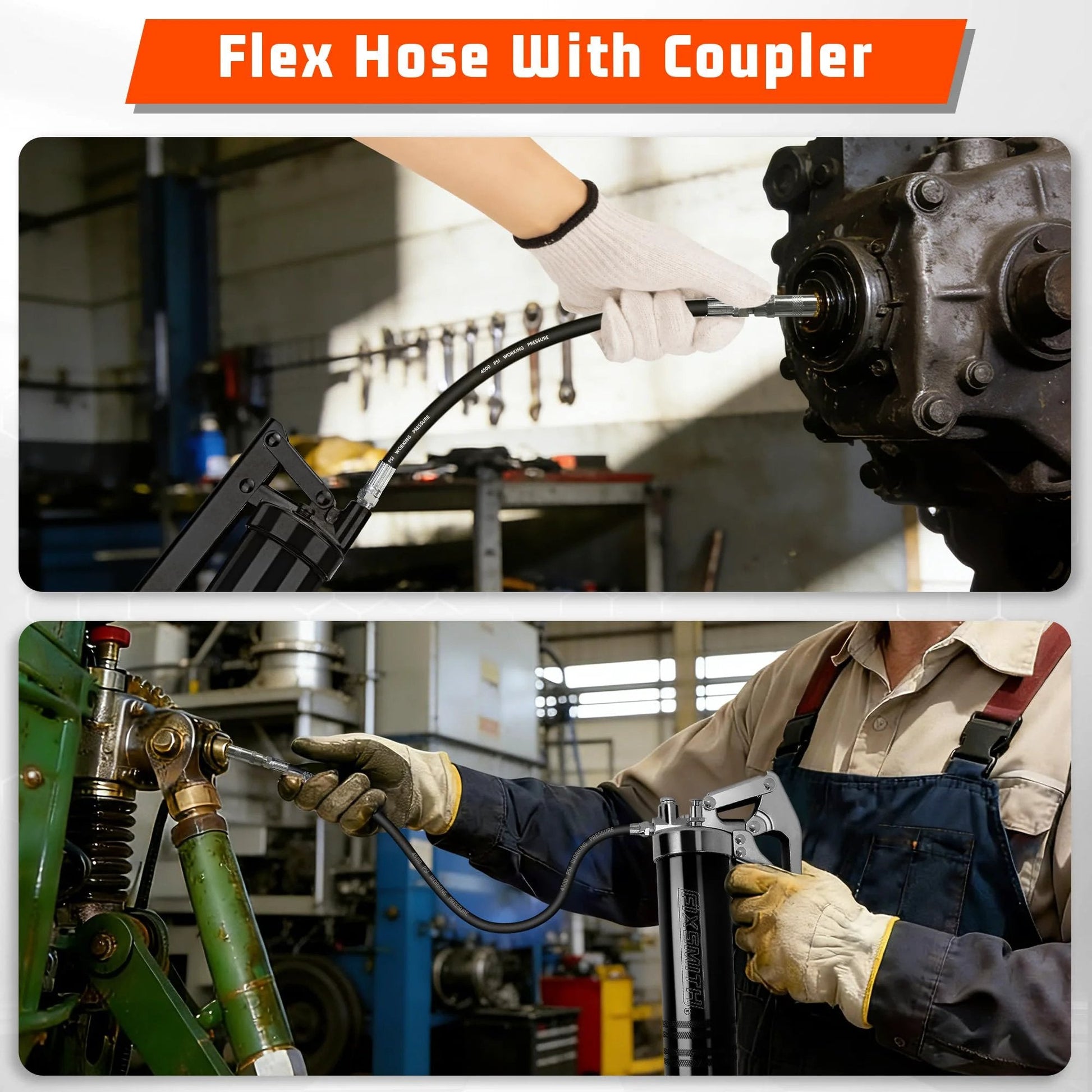Flexible 12 Inch Grease Gun Whip Hose Extension With Coupler being used on machinery, hand operated grease guns, 4500 PSI