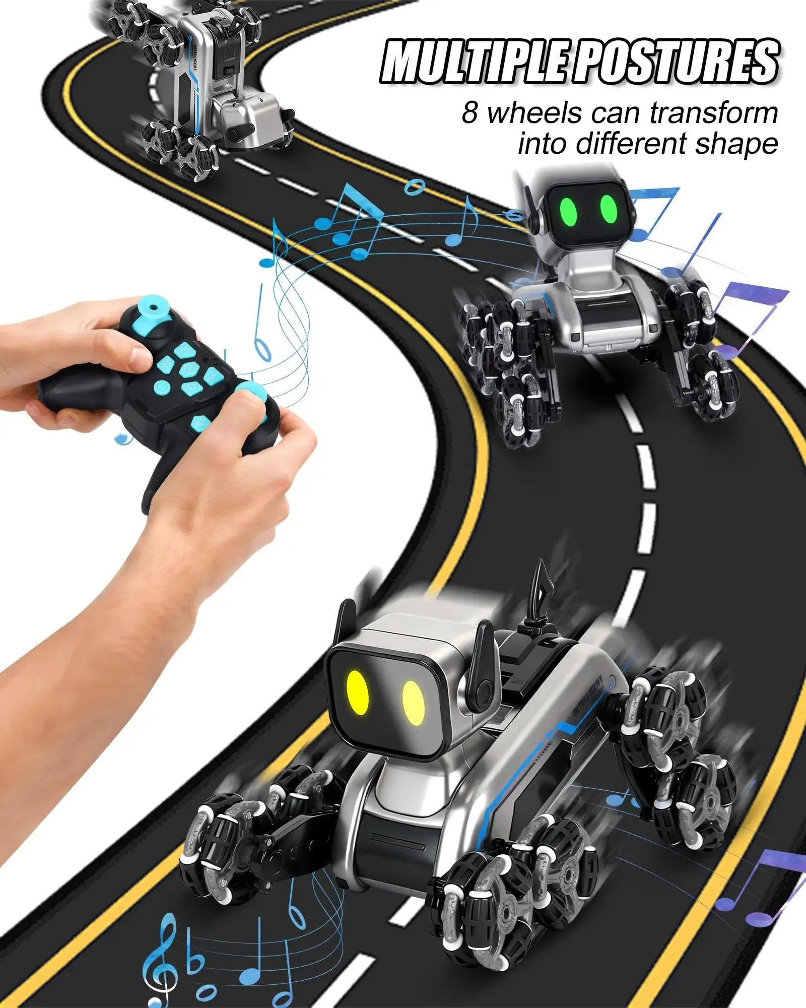 Interactive Robot Dog RC Stunt Car With Gesture Sensing And 2 4Ghz Remote Mecanum Wheels on racing track with LED eyes and music notes.