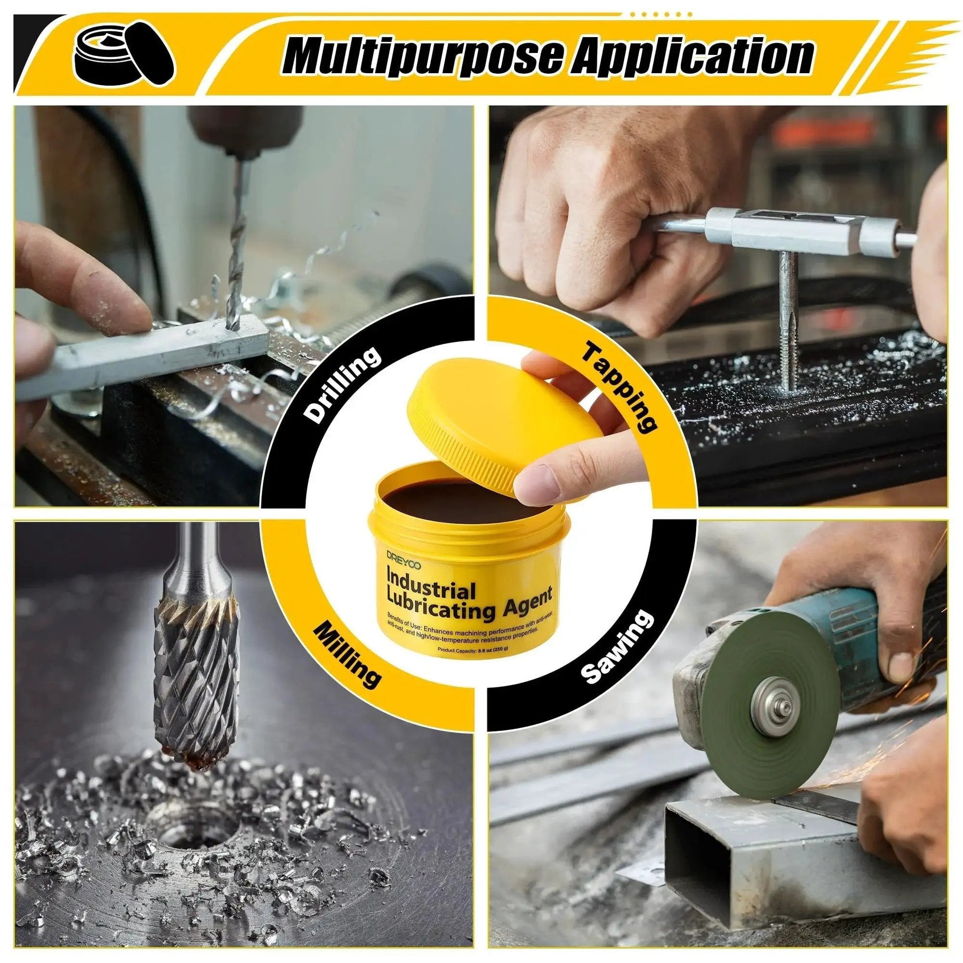 Metal Cutting Paste For Drilling And Tapping, 8.8 Oz Jar Lubricant Wax For Drill Bits, Saw Blades, And Milling Tools To Extend Tool Life, Reduce Heat, And Keep Tools Cool During High Speed Cutting, Tapping, And Sawing in a multipurpose application setting.
