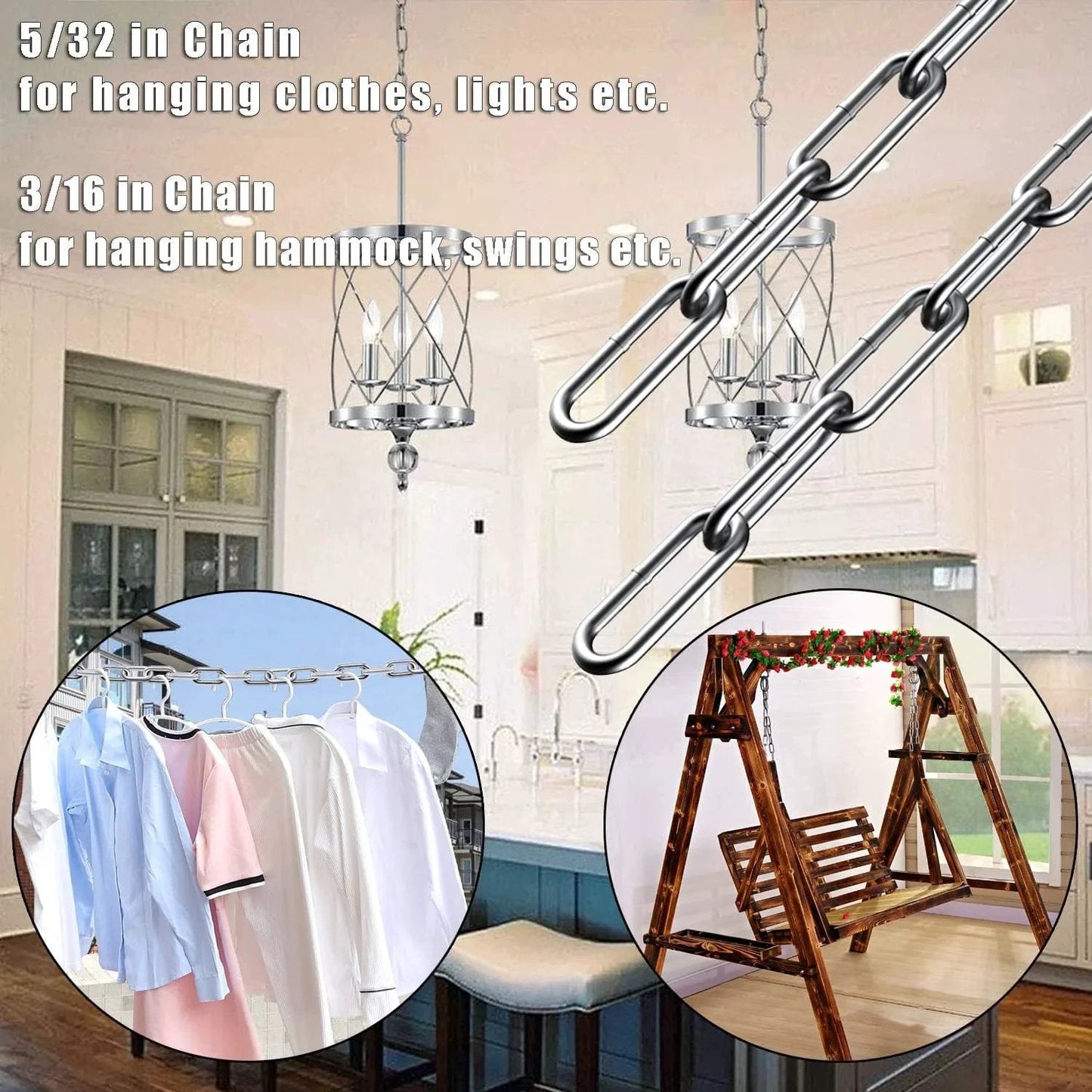 5/32 and 3/16 inch chains showing clothes and swing applications in various settings