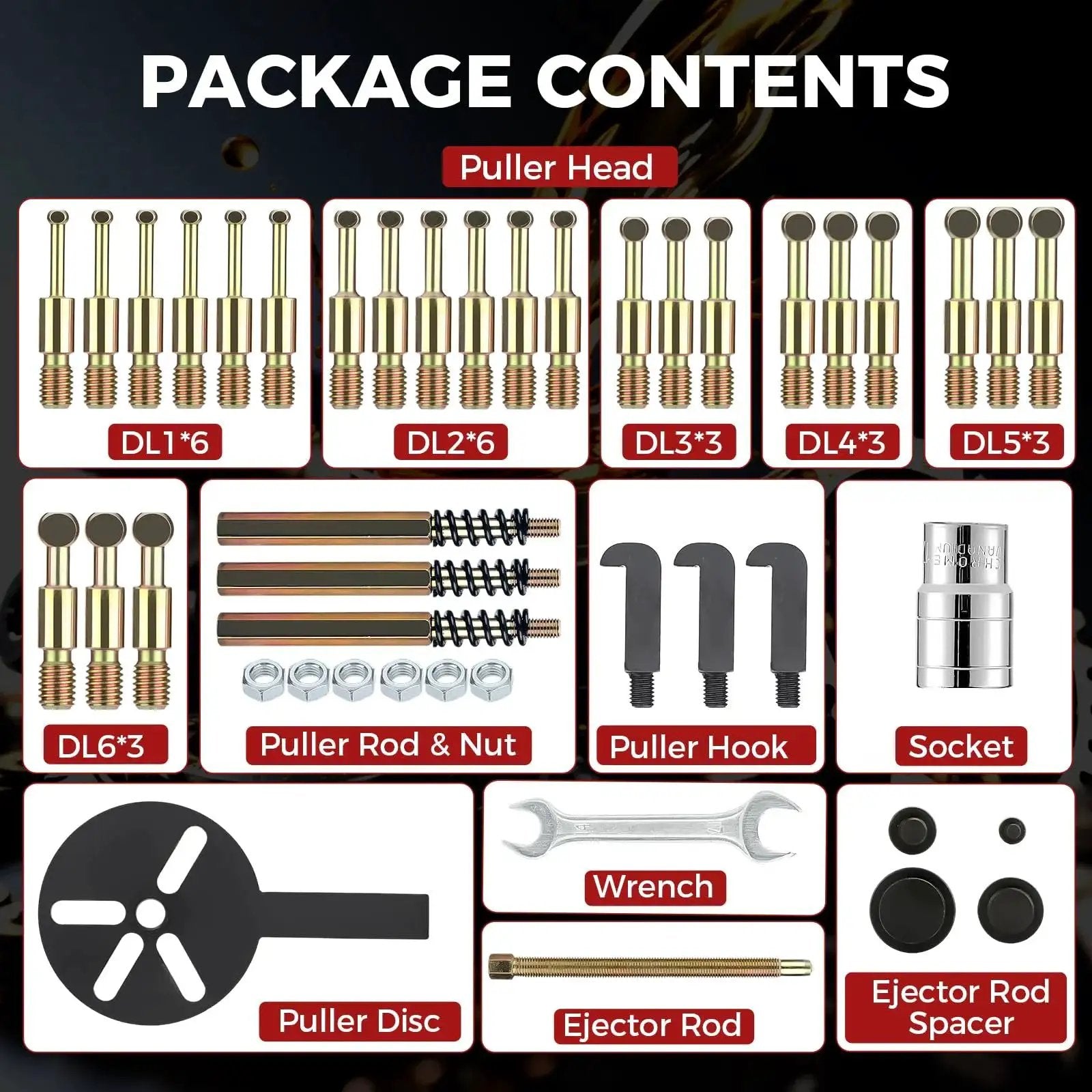 Package contents of 36 In 1 Bearing Puller Kit With Switchable Two Mode Blind Hole Puller And Separator Set, showing multiple components.