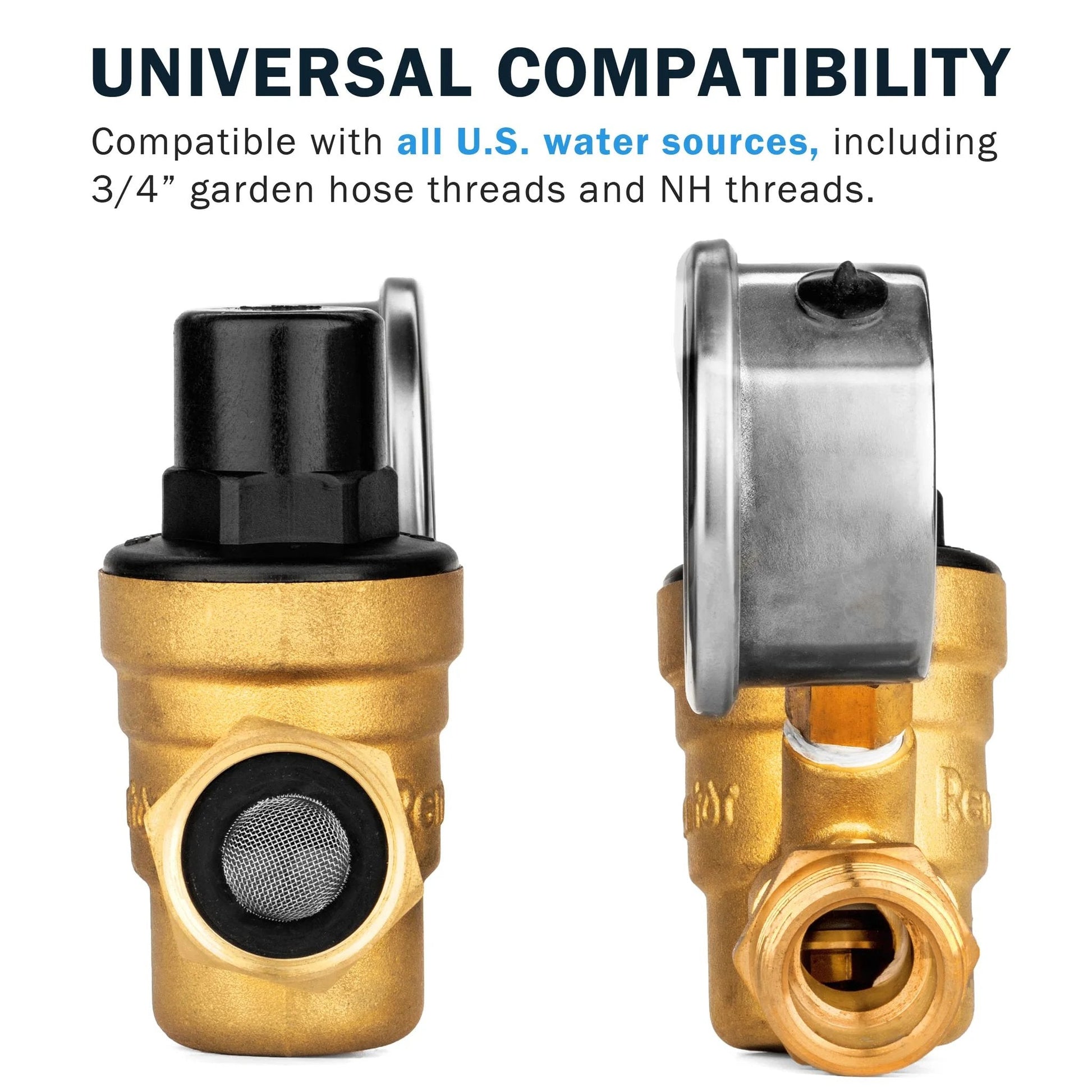 Adjustable Brass RV Water Pressure Regulator With Gauge For RVers And Campers Travel Trailers Lead Free Reducer Valve With Filter Easy Hose Attachment And Durable Construction Model M11 0660R front and side view