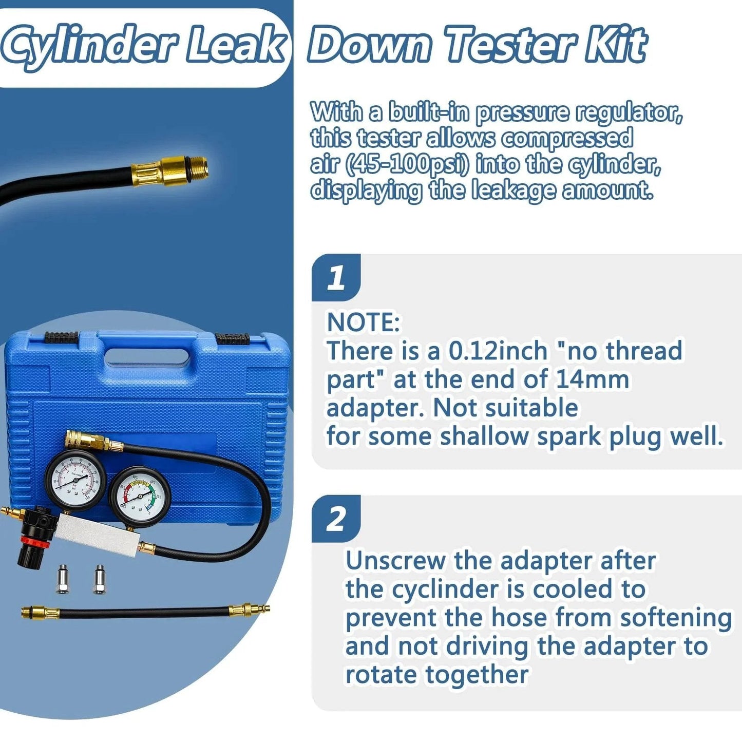Universal Cylinder Leak Down Tester Kit With Dual Pressure Gauges For Gasoline Engines in blue case with hoses