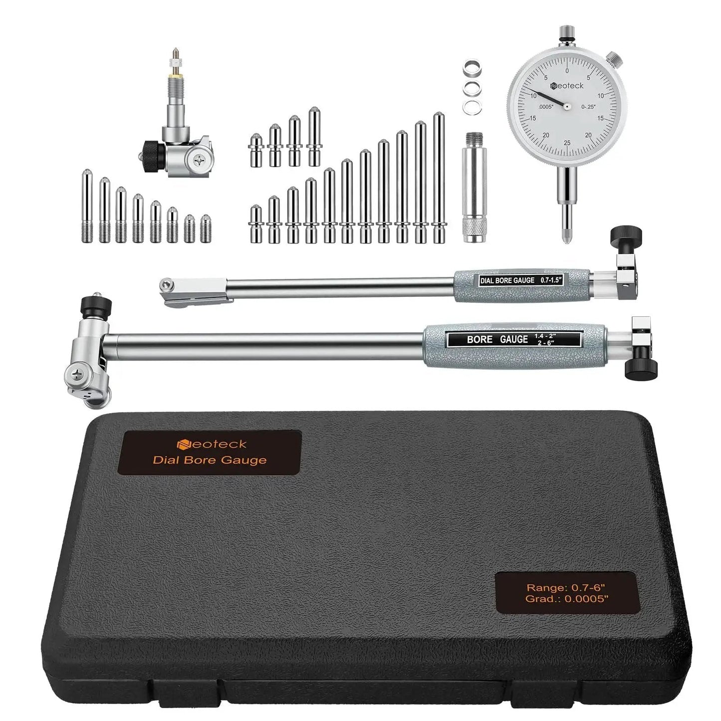 Dial Bore Gauge Set With 0.7 To 6 Inch Range And 6 Inch Depth For Engine Cylinder Measurement Ultra Precise 0.0005 Inch Accuracy 23 Piece Anvils Chrome Plated Handle And Insulated Grips with case