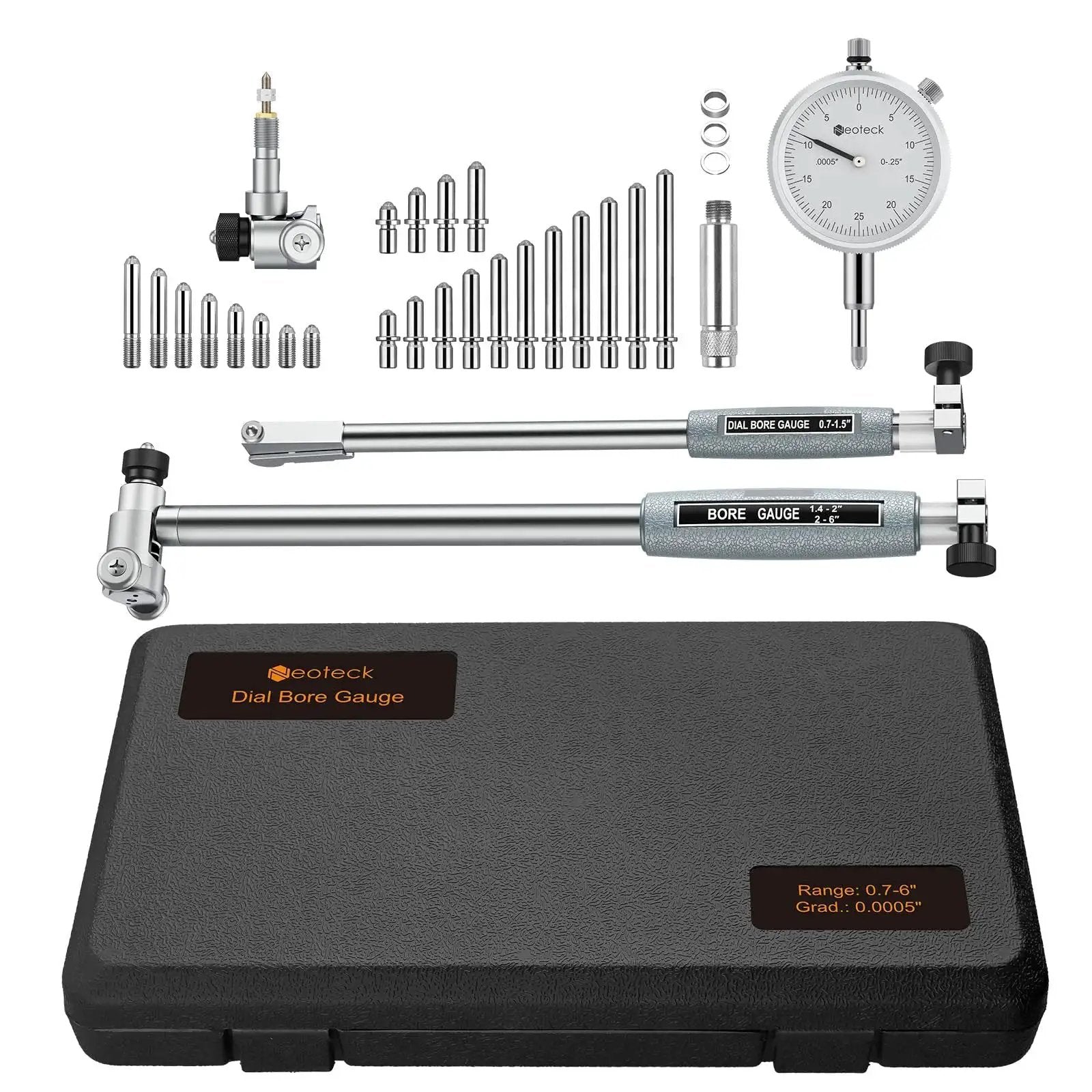 Dial Bore Gauge Set With 0.7 To 6 Inch Range And 6 Inch Depth For Engine Cylinder Measurement Ultra Precise 0.0005 Inch Accuracy 23 Piece Anvils Chrome Plated Handle And Insulated Grips with case