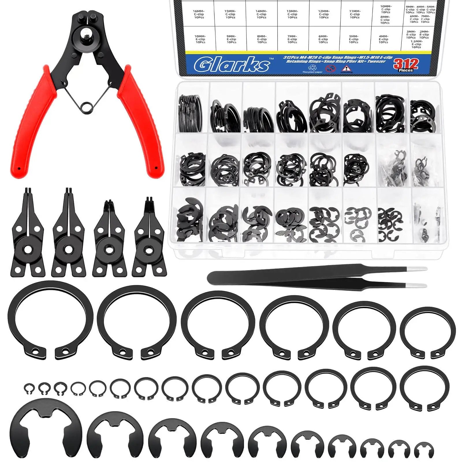 Do-It-Yourself Ready Circlip And E-Clip Kit With Snap Ring Plier Set And Tweezer, 312Pcs 65Mn Steel Assortment For 4mm To 28mm C Clips And 1.5mm To 10mm E-Rings, Glarks displayed with tools and organized compartments