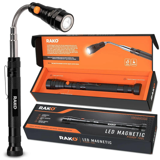 Magnetic Pickup Tool For Men With LED Flashlight And 22 Inch Extendable Neck telescoping magnet in packaging.