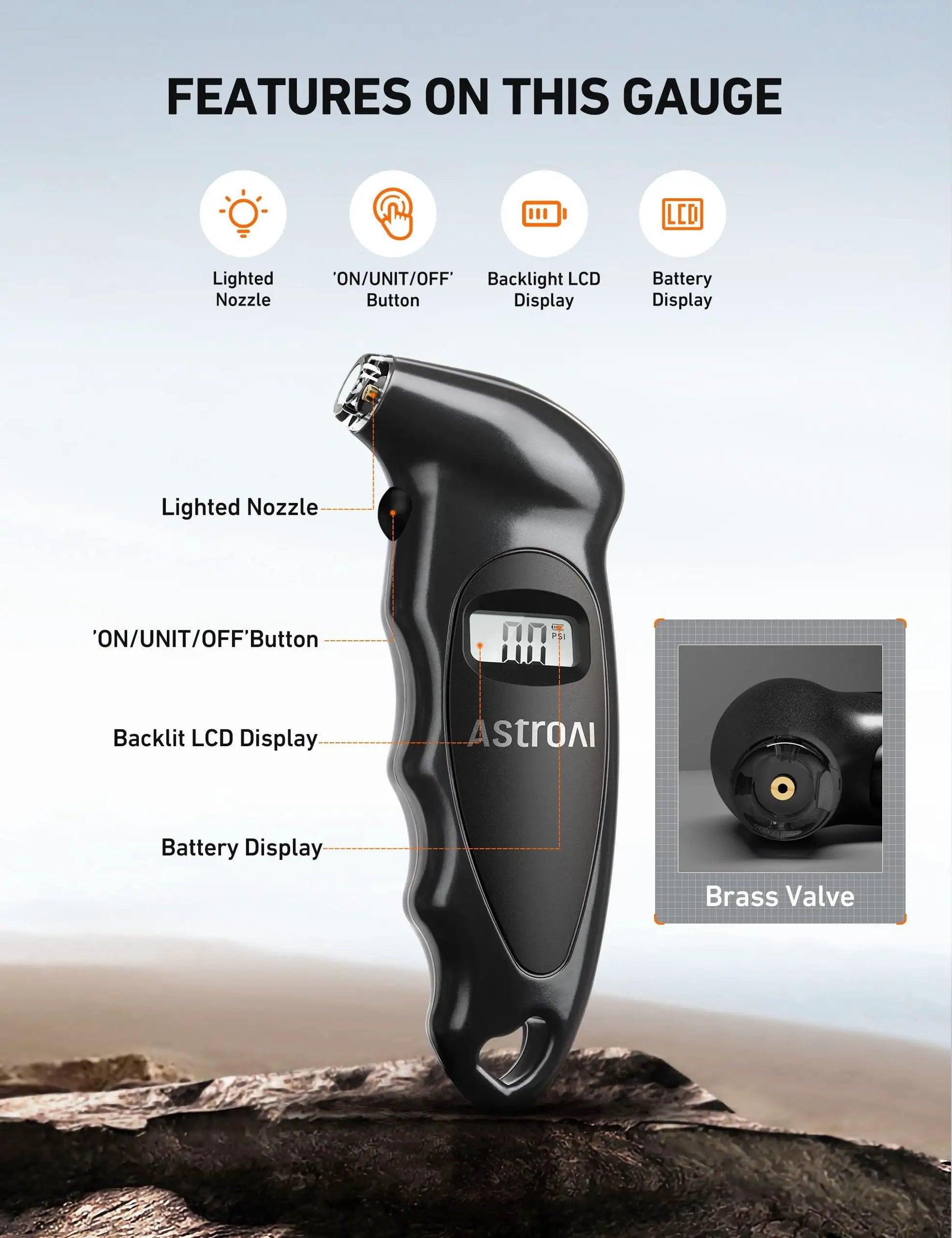 Digital Tire Pressure Gauge With Backlit LCD, Non Slip Grip, And Replaceable AAA Batteries For Cars Trucks And Bikes, 0-150 PSI Four Units Bar KPa KgF Cm2 Presta Valve Adapter Included, featuring lighted nozzle and LCD display.