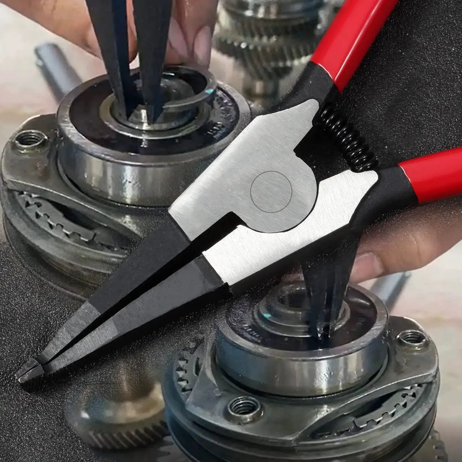 Heavy Duty Lock Ring Pliers Set 2 Piece Flat Snap Ring Pliers in use on transmission gear bearing shaft