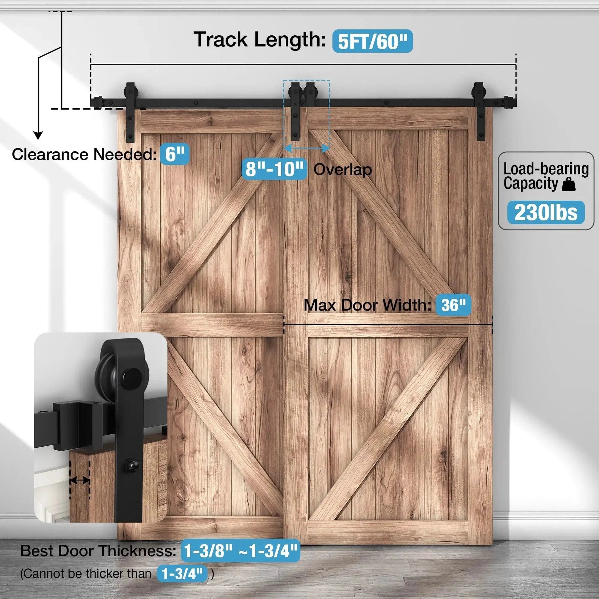 Bypass Barn Door Hardware Kit For 5 Feet Double Wooden Doors With Single Track And Flat Rollers, Low Ceiling Bypass System