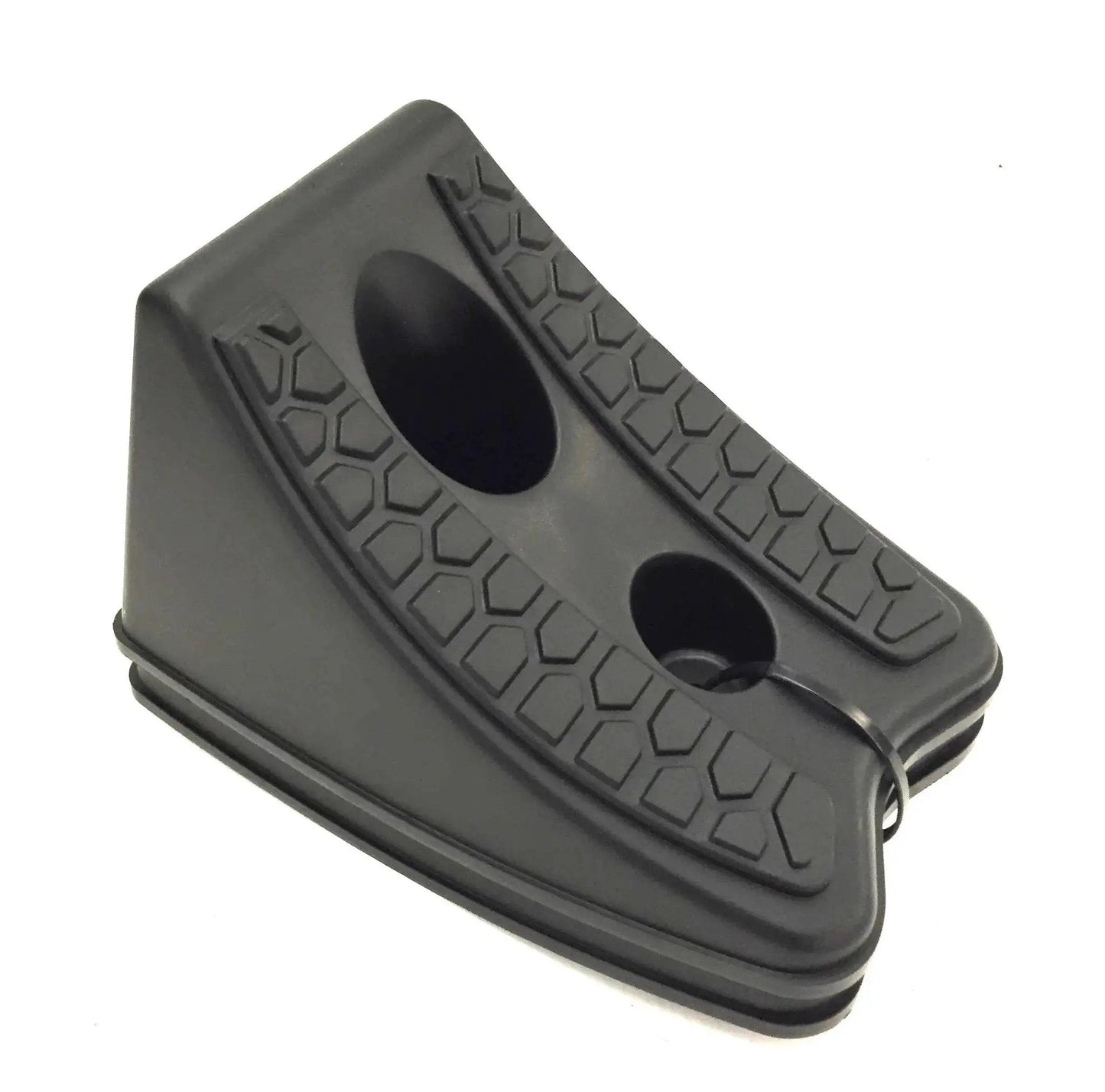 Heavy Duty Wheel Chocks Two Pack for Tire Stabilization and Safe Vehicle Lifting, side view, black textured rubber surface.