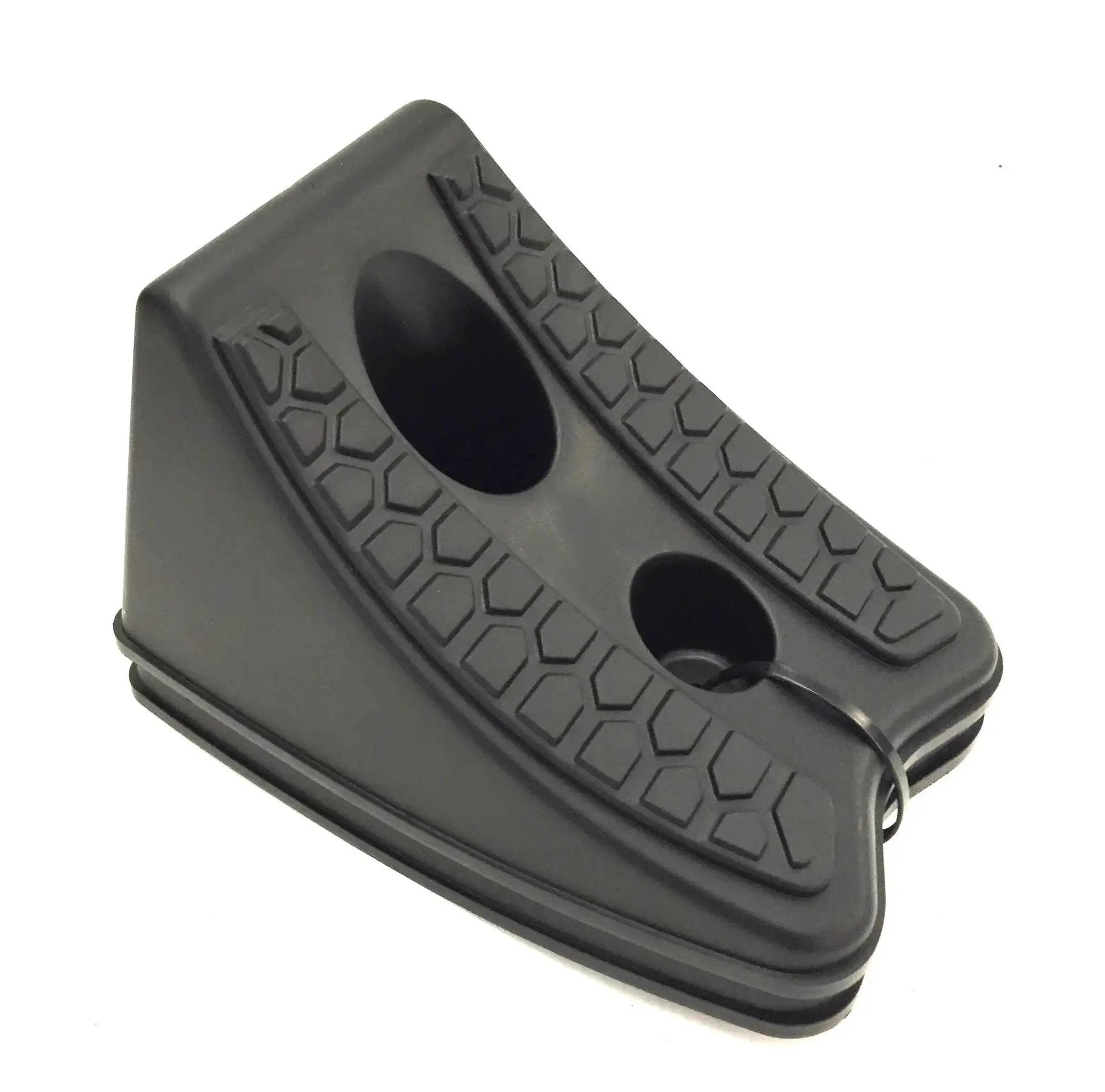 Heavy Duty Wheel Chocks Two Pack for Tire Stabilization and Safe Vehicle Lifting, side view, black textured rubber surface.