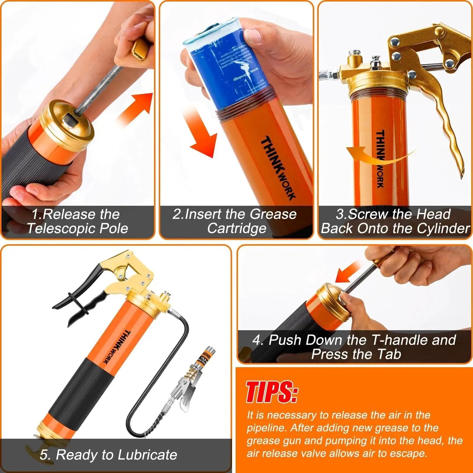 Step-by-step guide for using the Heavy Duty 8000 PSI Grease Gun Kit With Pistol Grip For 14 Oz Tubes 0.53 Inch Coupler And 18 Inch Flex Hose.