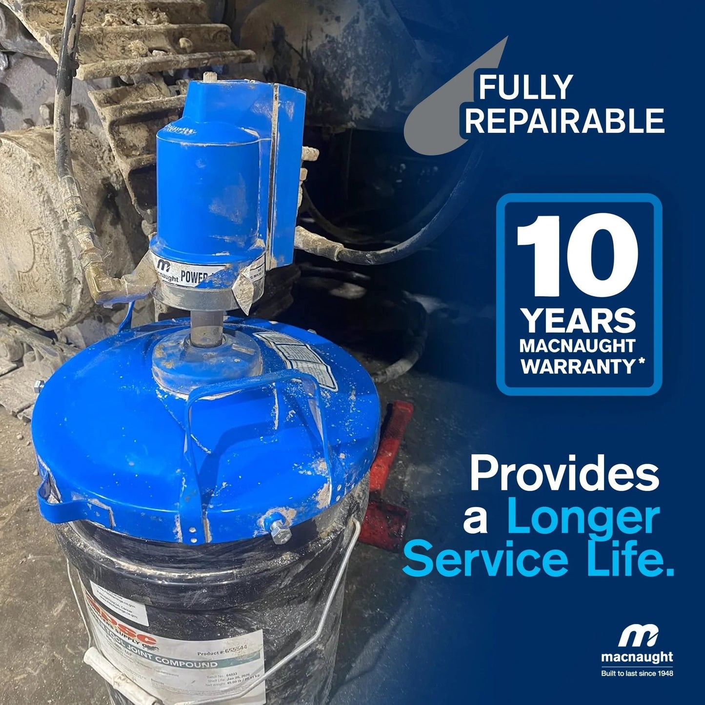 Legendary P3TR 50 To 1 Air Operated Grease Pump For 5 Gallon Buckets showing booster gun and non-corroding motor.