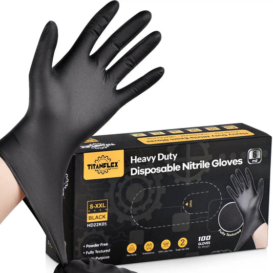 6 Mil Nitrile Gloves Textured Medium 100 Count Powder Free For Food Prep, hand wearing black glove with product box