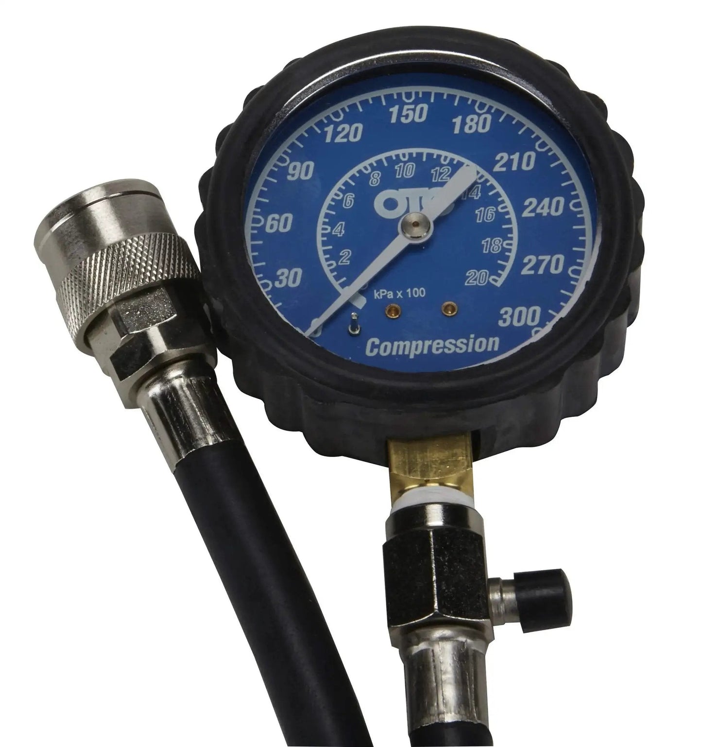 Close-up of Gasoline Engine Compression Tester Kit With Deep Well And Ford Triton Adapter, showing gauge and hose.