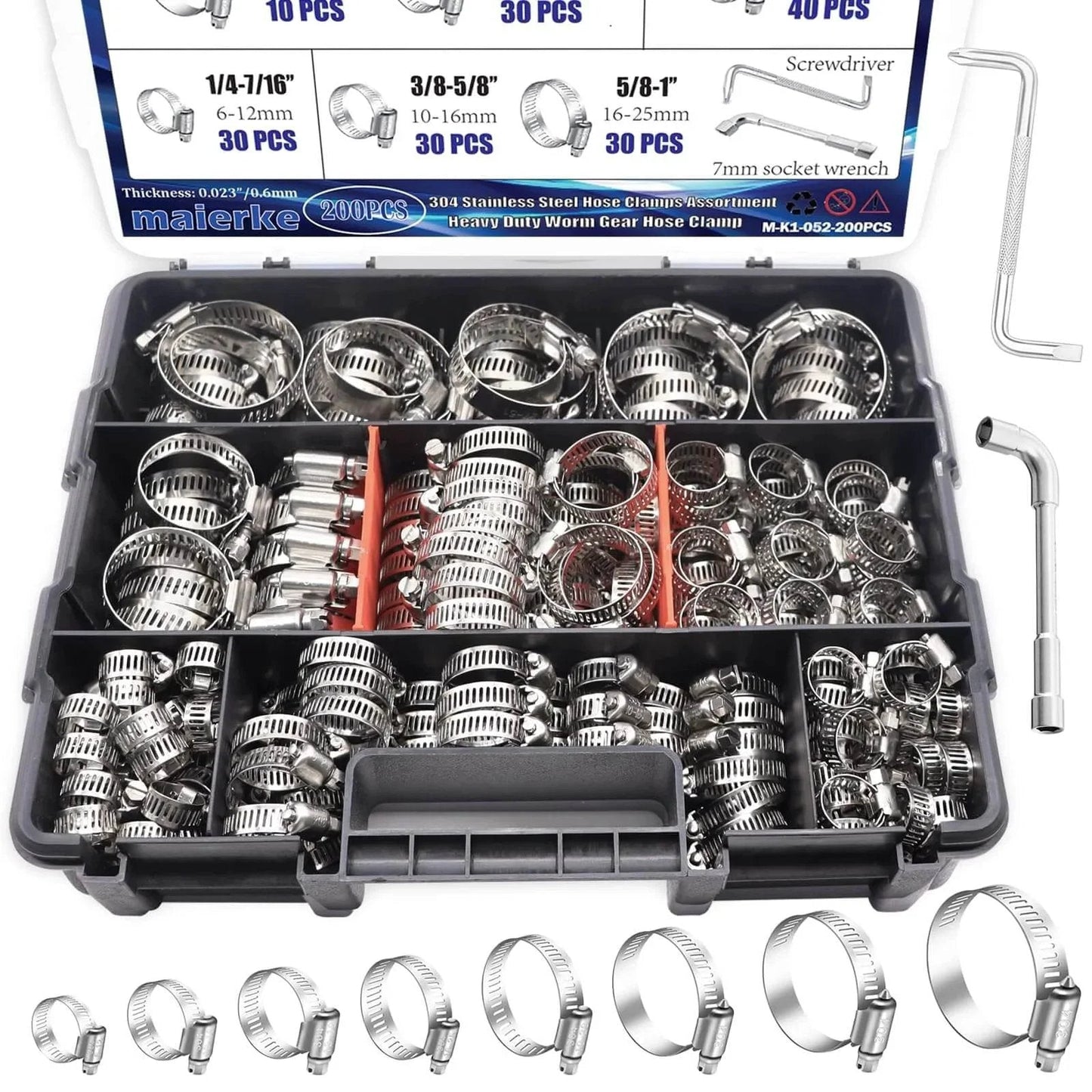 202 Pieces 304 Stainless Steel Hose Clamps Assortment Kit Adjustable Worm Gear Clamps 6 To 51 Millimeter Heavy Duty