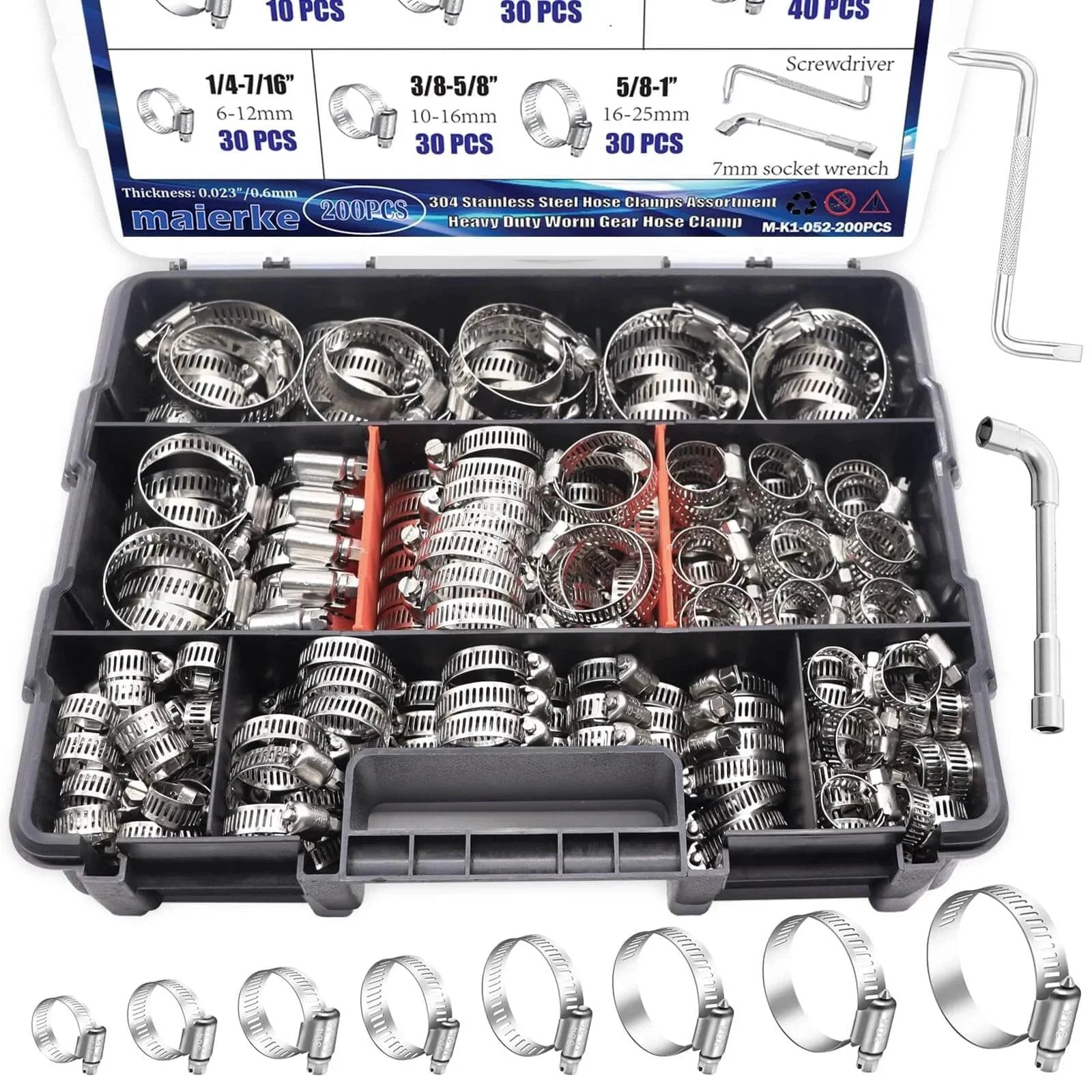 202 Pieces 304 Stainless Steel Hose Clamps Assortment Kit Adjustable Worm Gear Clamps 6 To 51 Millimeter Heavy Duty