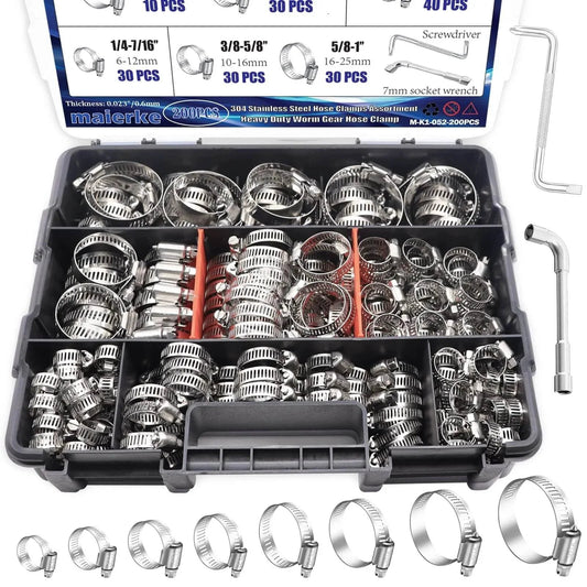 202 Pieces 304 Stainless Steel Hose Clamps Assortment Kit Adjustable Worm Gear Clamps 6 To 51 Millimeter Heavy Duty