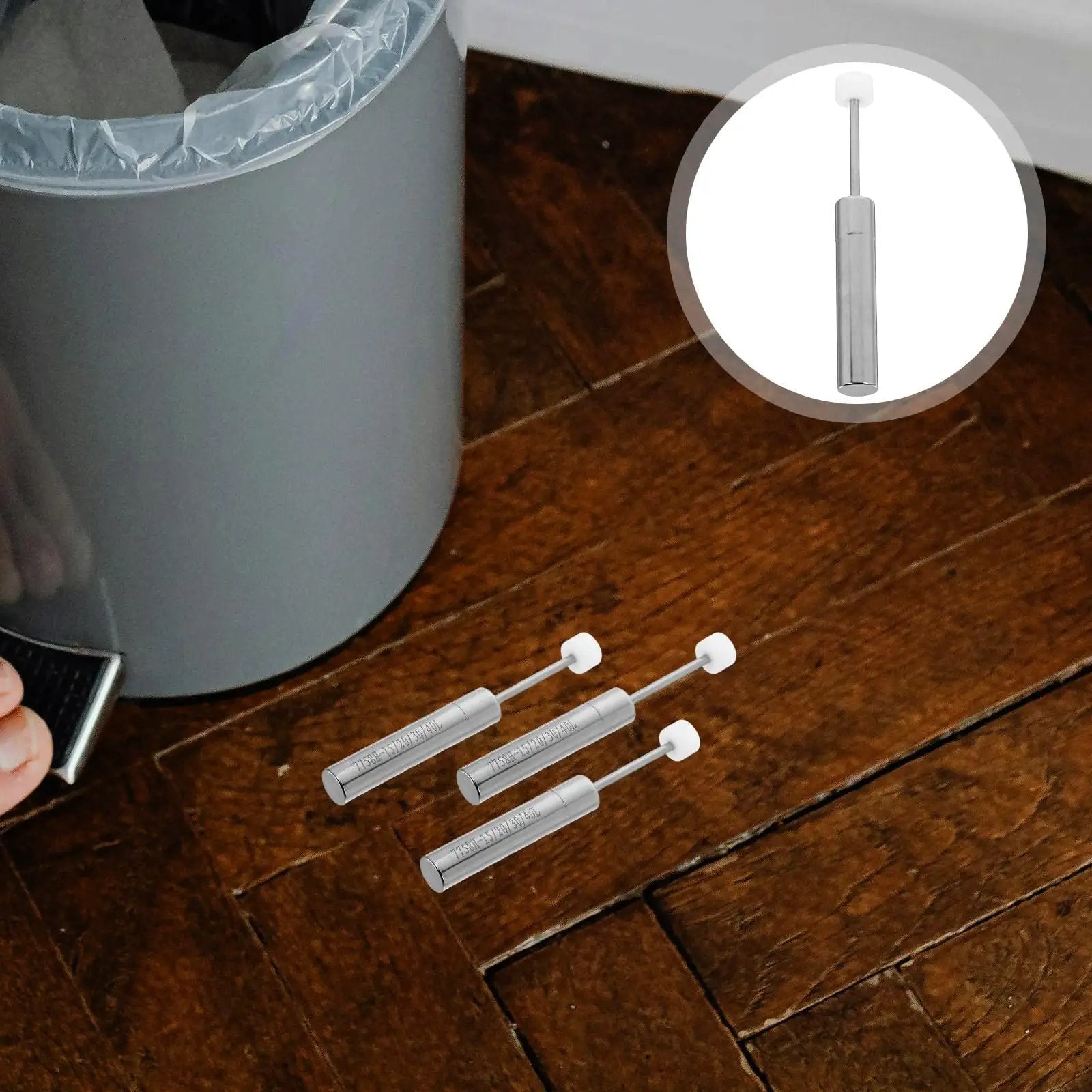 Three Soft Close Trash Can Dampers Six Pack For Kitchen Bins, 3.34 X 0.39 Inch Hydraulic Pistons with Lids for easy install near trash bin.
