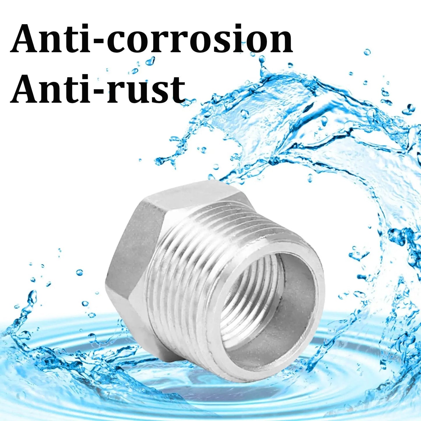 Heavy Duty 2 Pack Stainless Steel Hex Bushing Reducer 1/2 Inch MNPT To 1/4 Inch FNPT Pipe Fittings over water splash