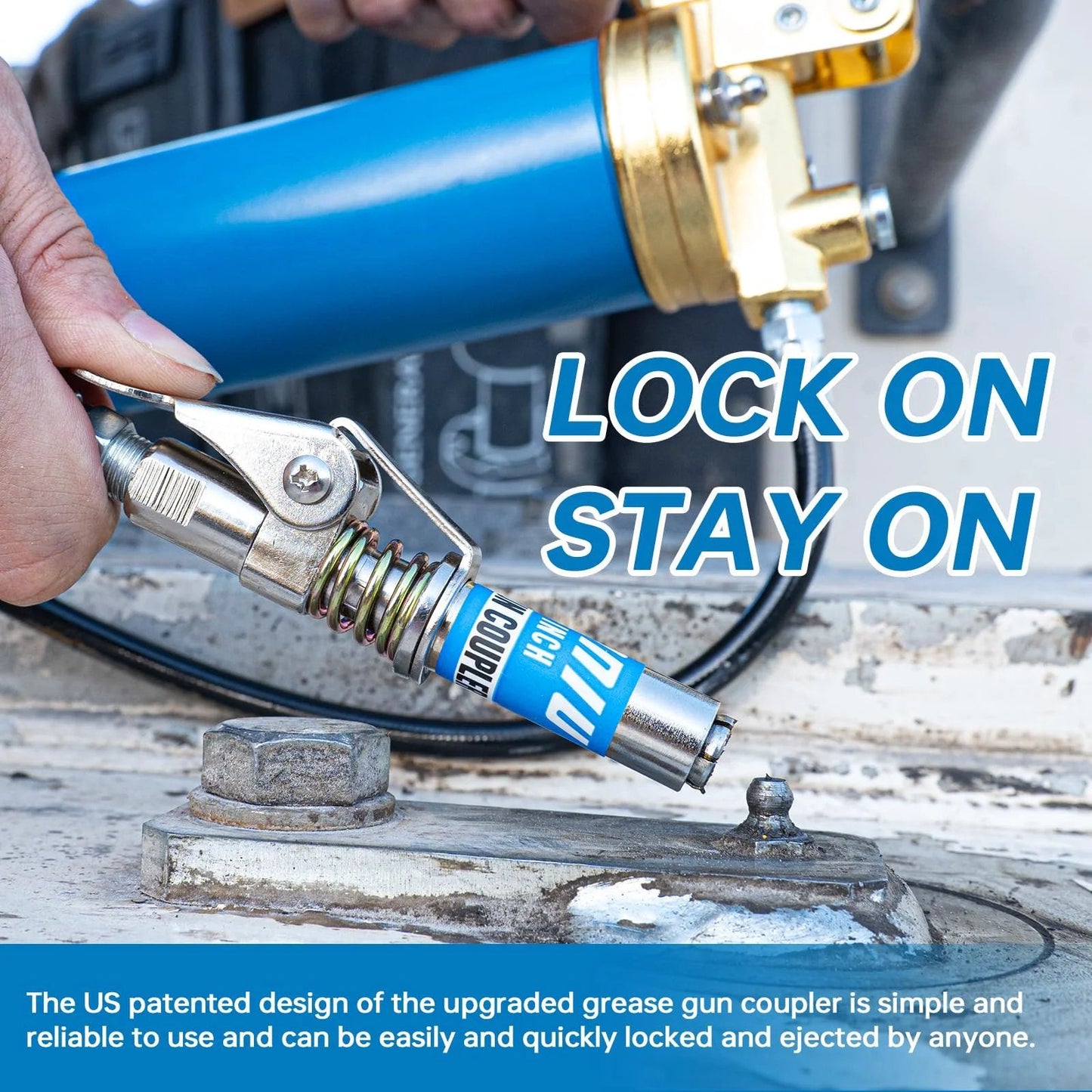 Compact 0.53 Inch Grease Gun Coupler With Locking Quick Release No Leakage Up To 12000 PSI One Eighth NPT Fitting in use