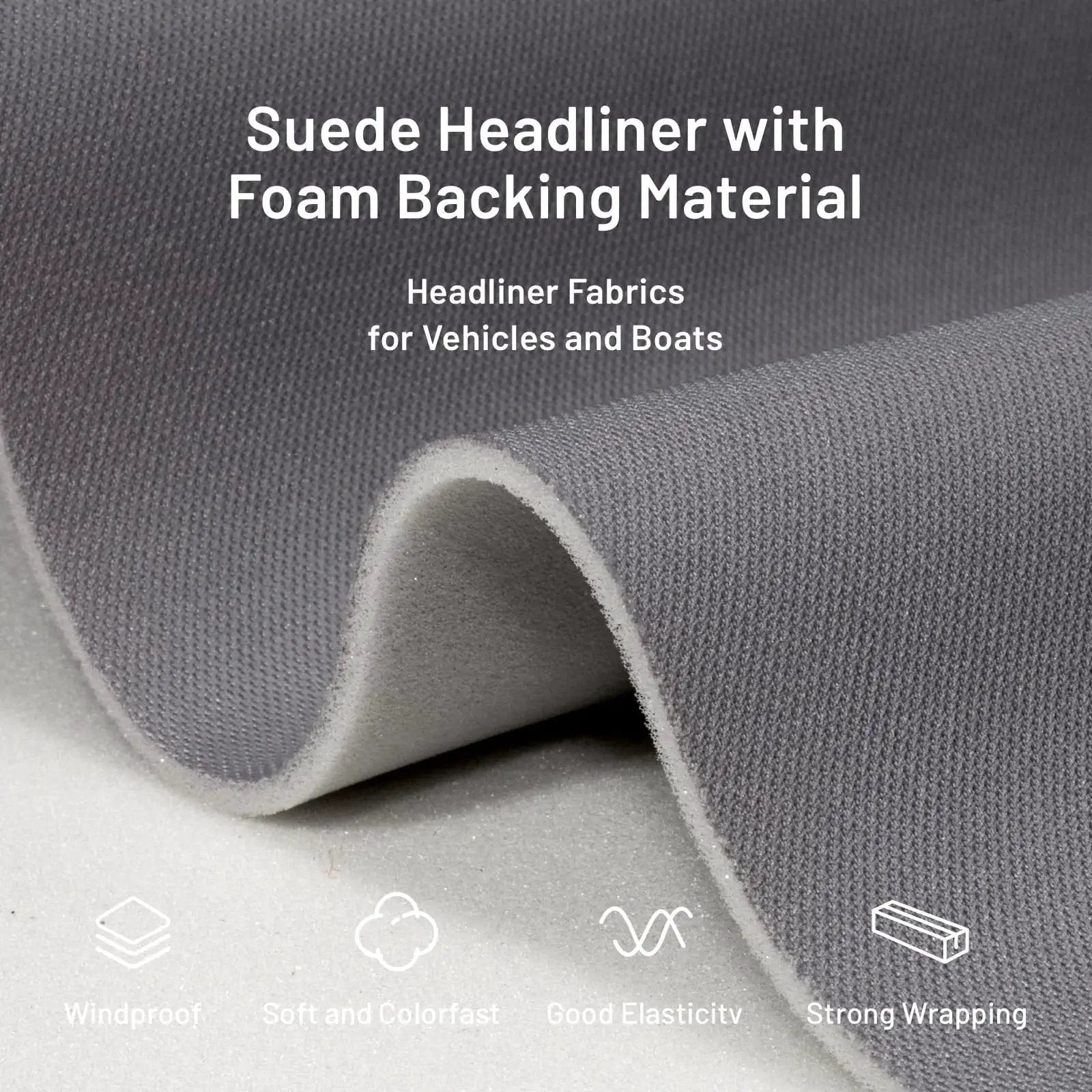 Gray Headliner Fabric 97 Inch By 60 Inch With Foam Backing Tube Packaged close-up showing fabric texture and foam backing.