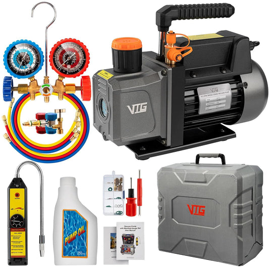 HVAC Vacuum Pump And Gauge Kit With Leak Detector For Mini Split And Auto Systems, Pro Grade 4.5 CFM 1/3 HP, Trifold Case