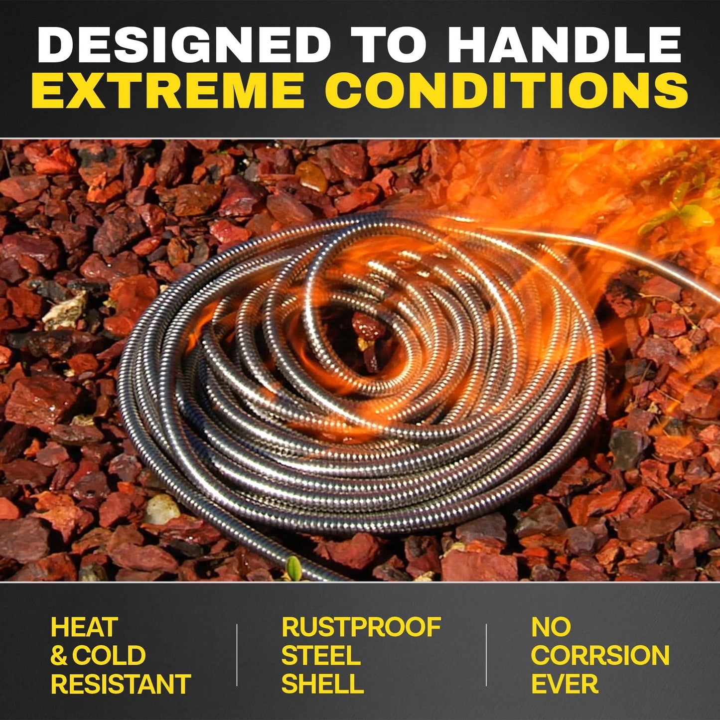 Heavy Duty 10 Ft Hose Extensions For Garden Hose Reel, Five Eighth Inch Connector, Leak Proof, Non Kinking, Flexible Hose Extension With Brass Fittings Bionic Steel coiled on rocky ground.