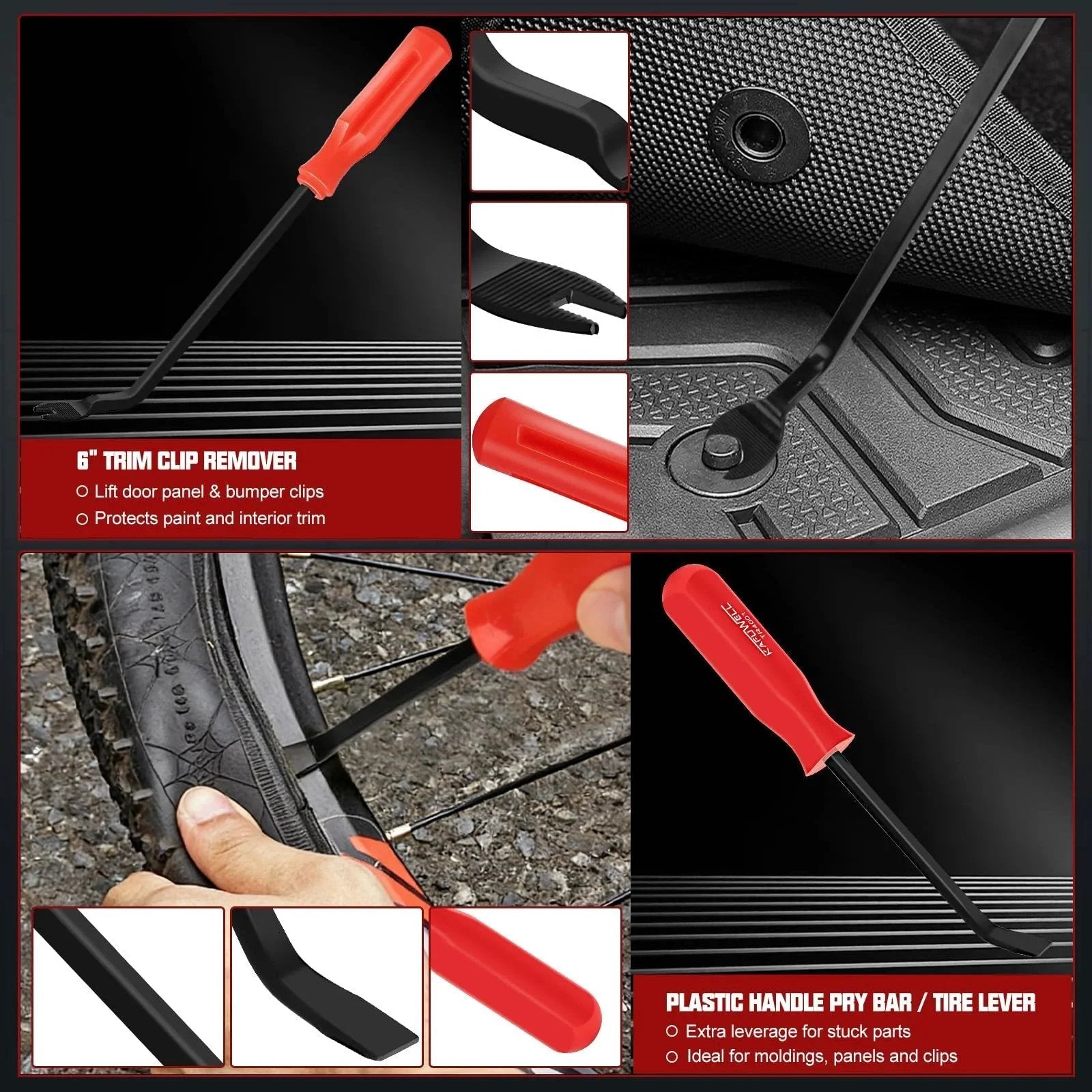Close-up of a 9 Piece Hose Clamp Pliers Set For Fuel Line Disconnect And Hose Removal Tool Kit Including Relay Puller Straight Clamp Pliers 30 Degree Angled Disconnect Pliers Panel Clip Pliers Trim Tool And Carry Case, featuring a red plastic handle pry bar with a black trim clip remover.